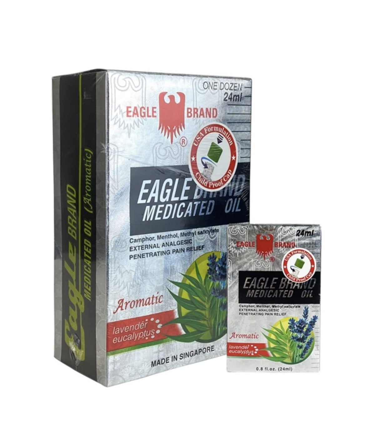Botella Eagle Brand aceite medicado lavanda y eucalipto para alivio suave