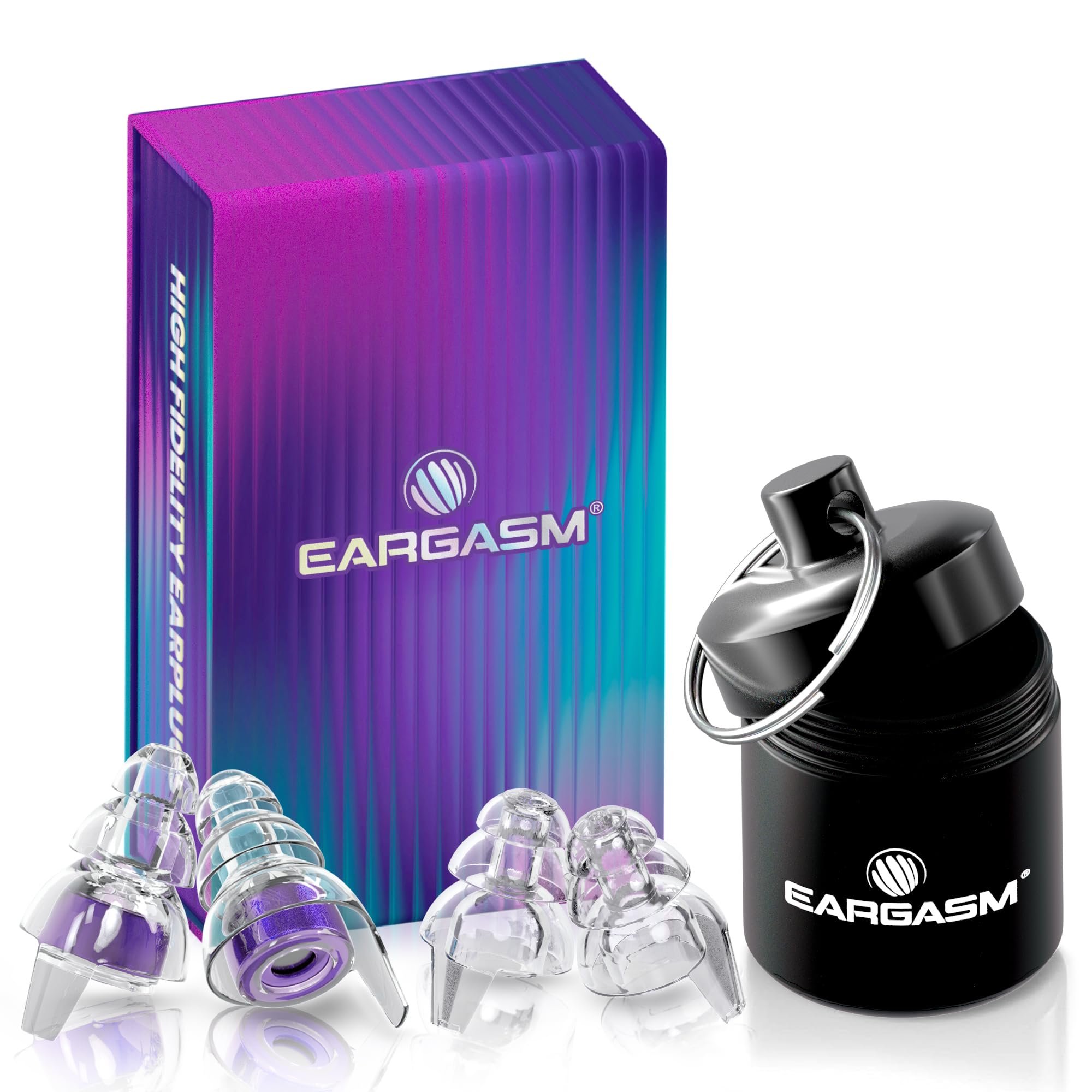 Estuche metálico impermeable de Eargasm para guardar tapones con seguridad.