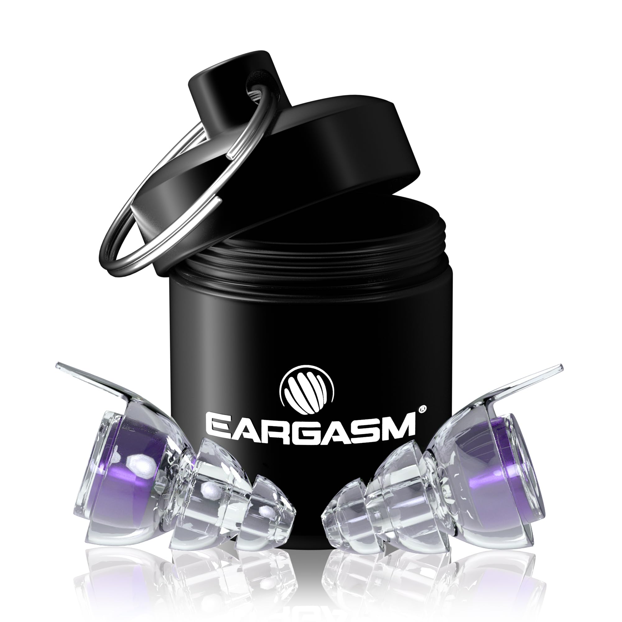 Tapones Eargasm hipervioleta, diseño compacto, protección auditiva y alta fidelidad para oír con claridad.
