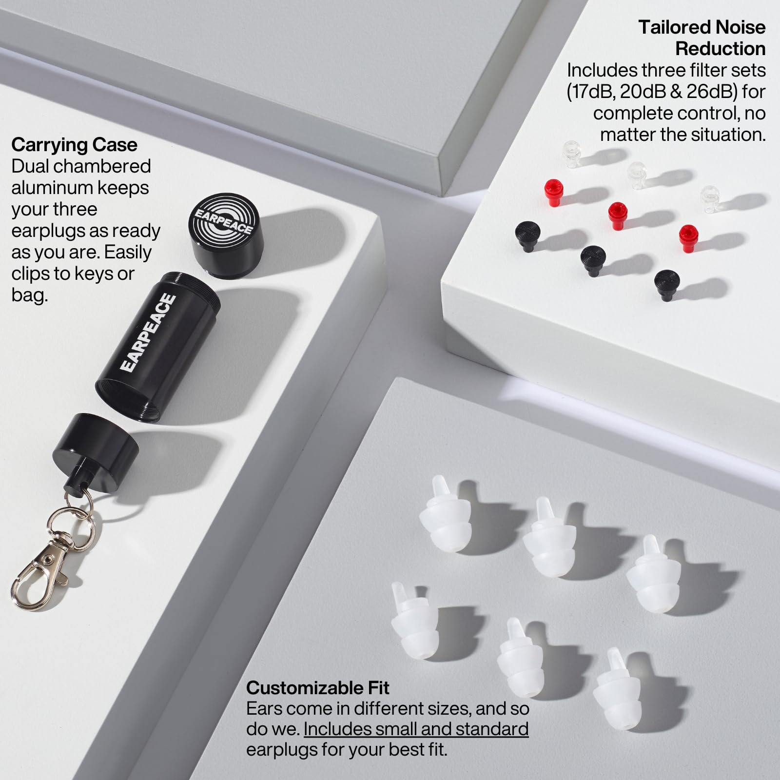 EarPeace filtros intercambiables: medio, alto y máximo para diferentes niveles.