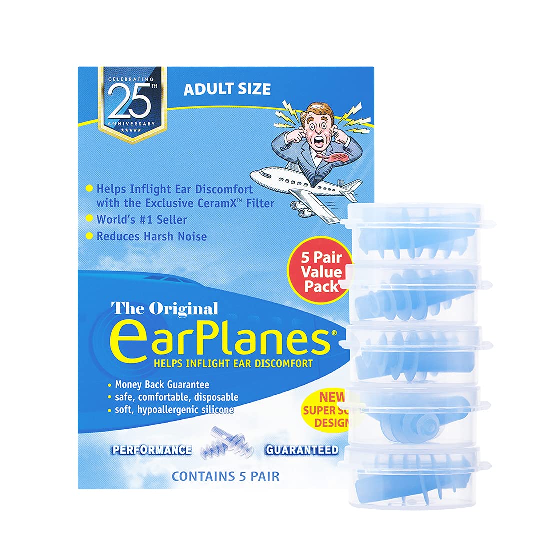EarPlanes tapones de oídos, empaque de 5 pares, ideal para viajar y proteger oídos.