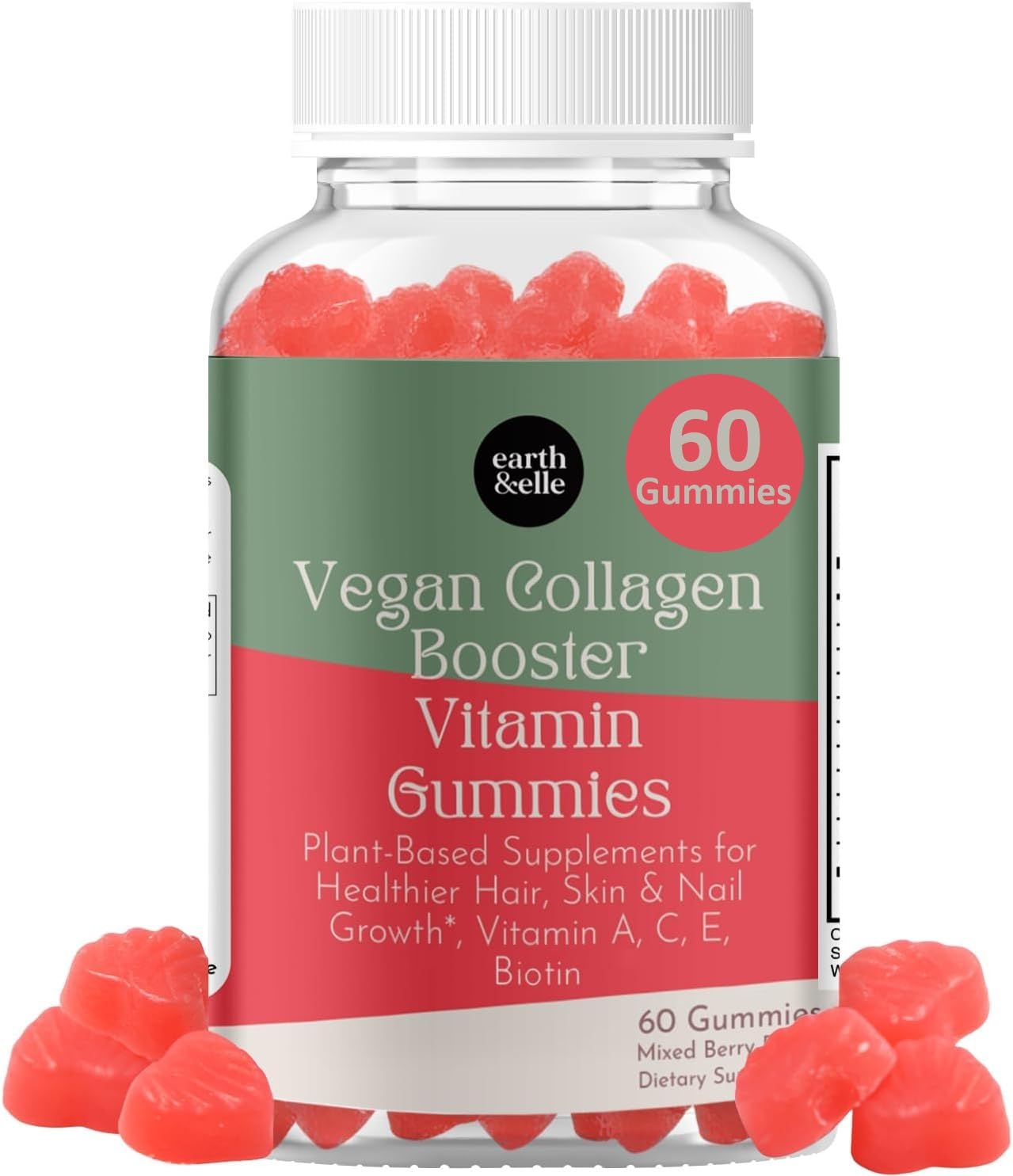 Earth and Elle gomitas veganas de colágeno con frambuesa en envase de 60 unidades.