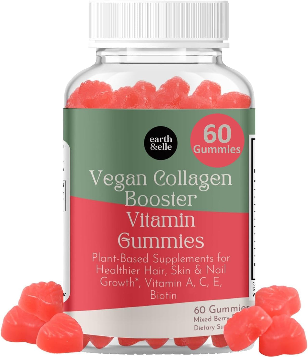 Earth and Elle gomitas veganas de colágeno con frambuesa en envase de 60 unidades.