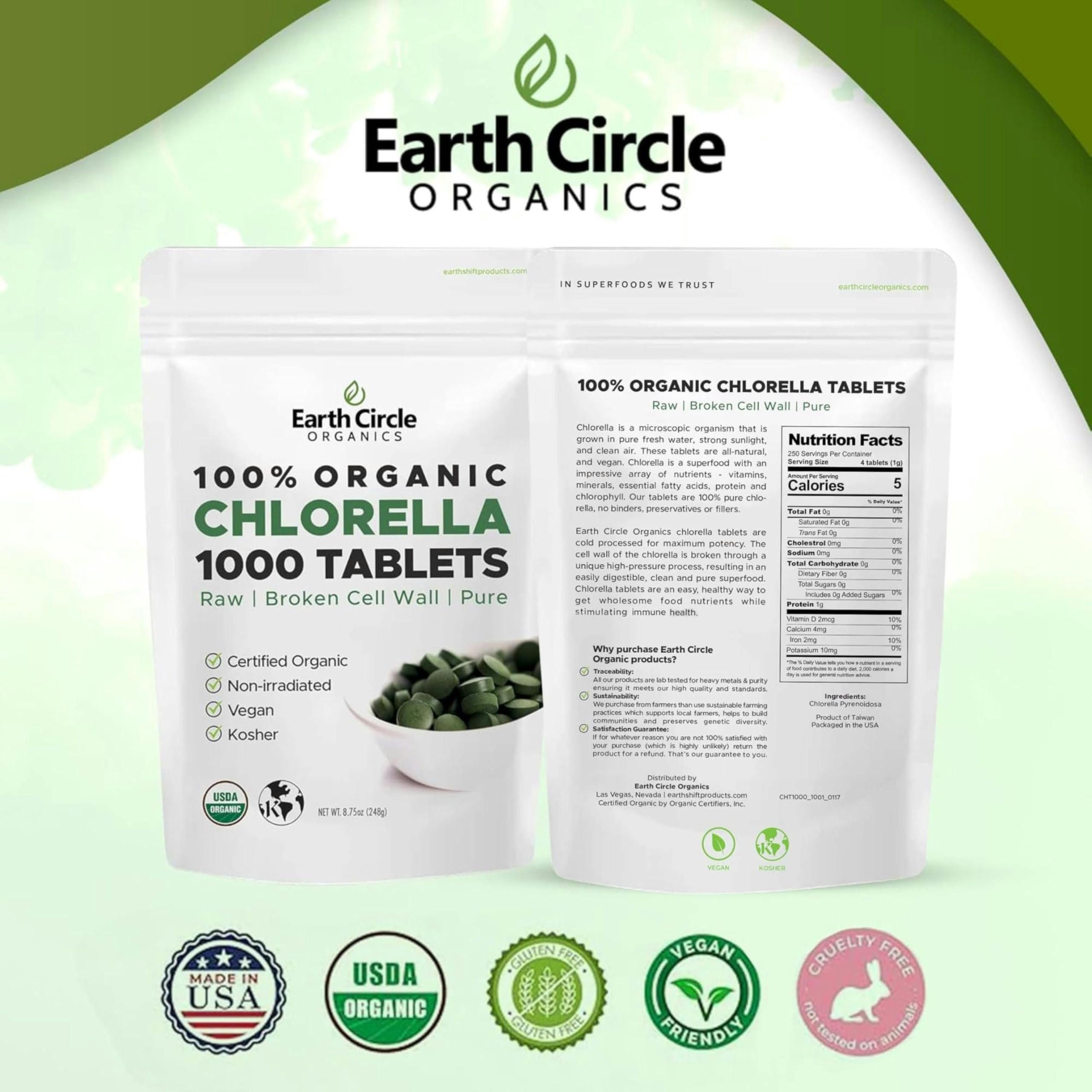 Earth Circle Organics Chlorella, tabletas de 250 mg para absorción eficiente.