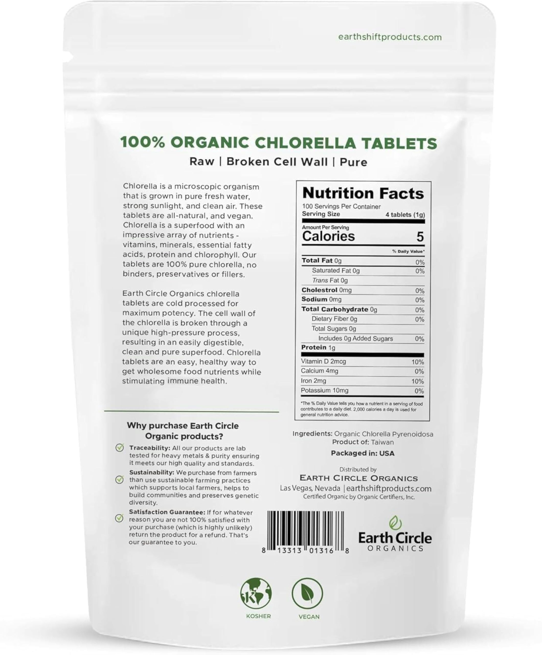 Earth Circle Organics Chlorella, dosis diaria de cuatro tabletas para nutrición constante.