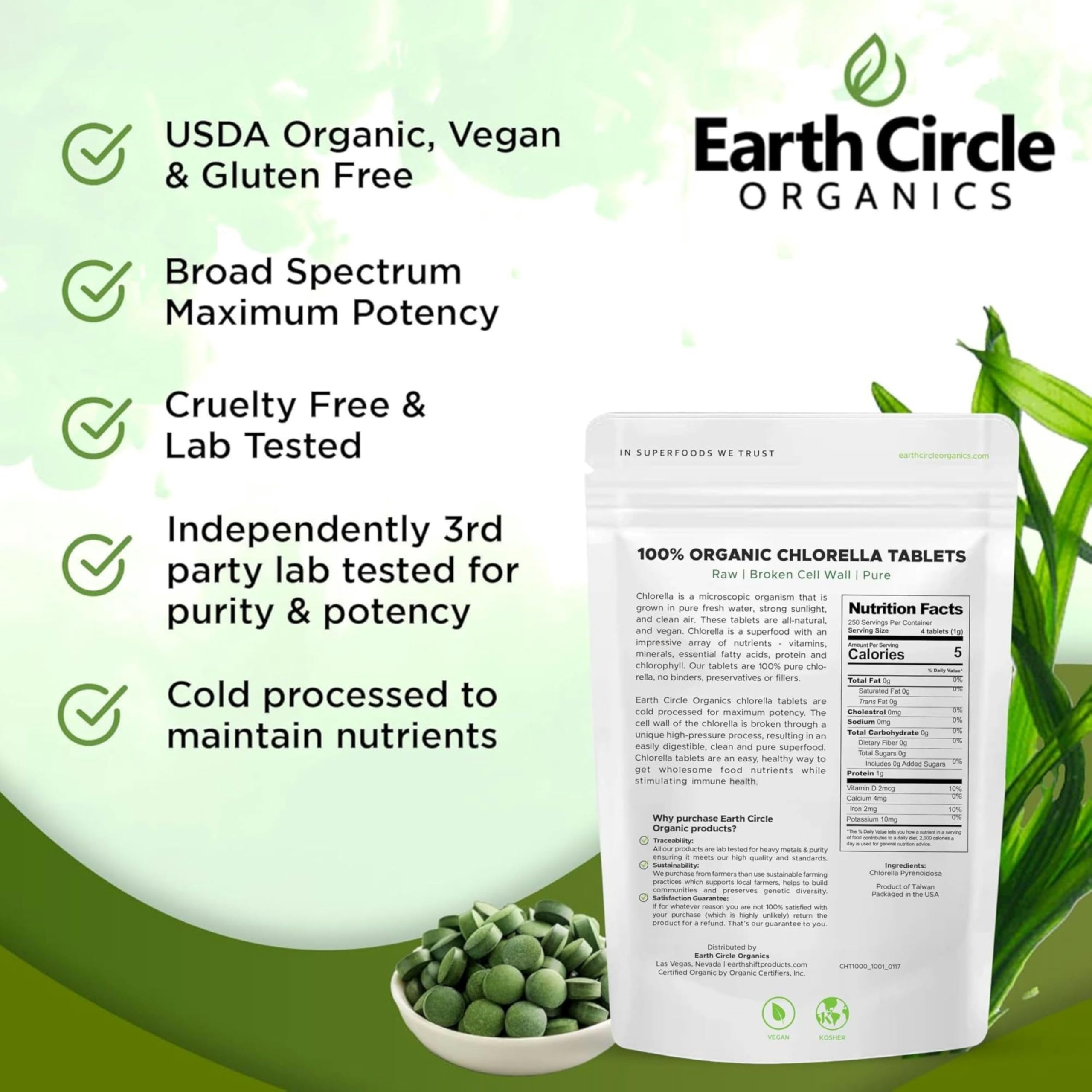 Earth Circle Organics Chlorella, tabletas listas para batido suave.