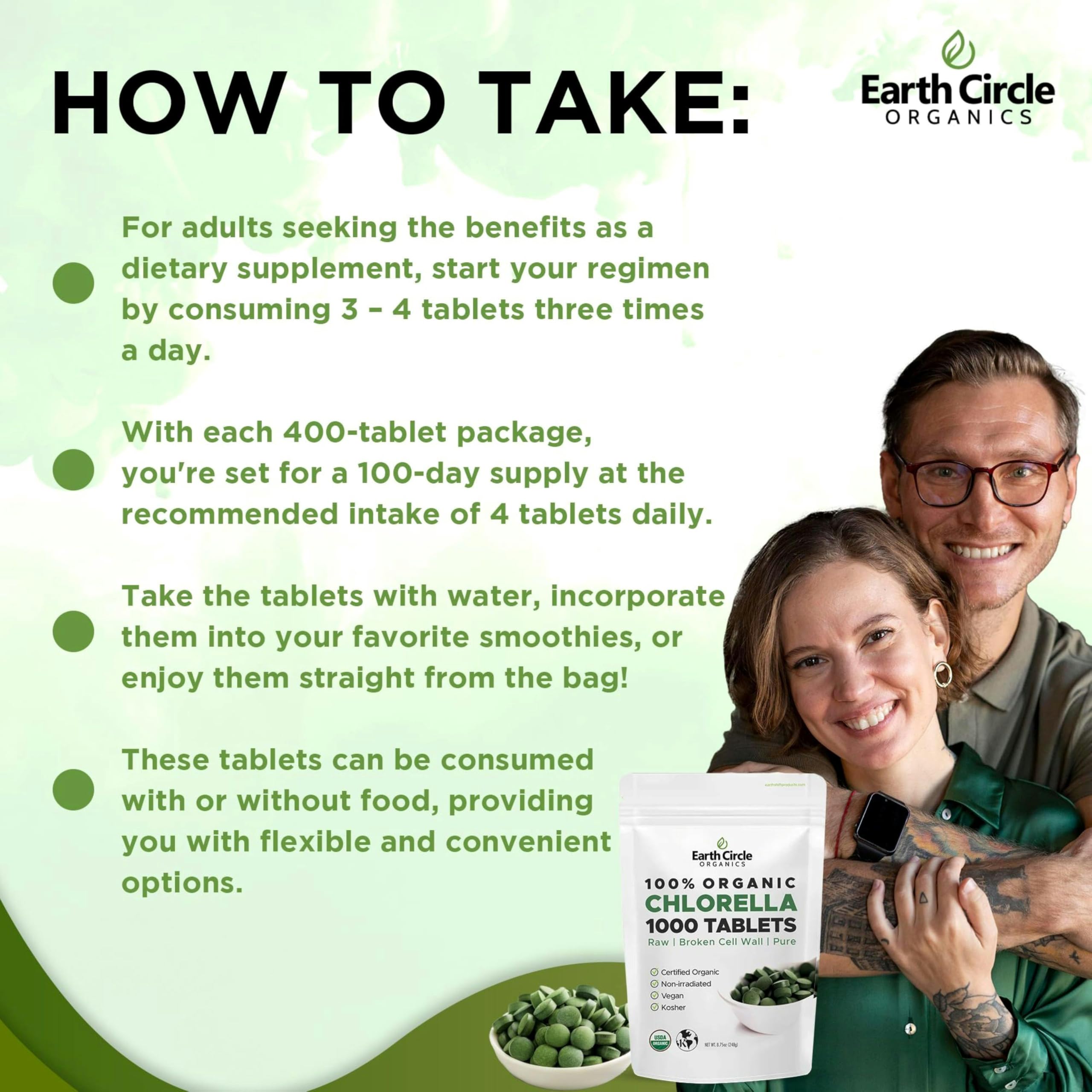 Earth Circle Organics Chlorella, botella y tabletas para digestión equilibrada.