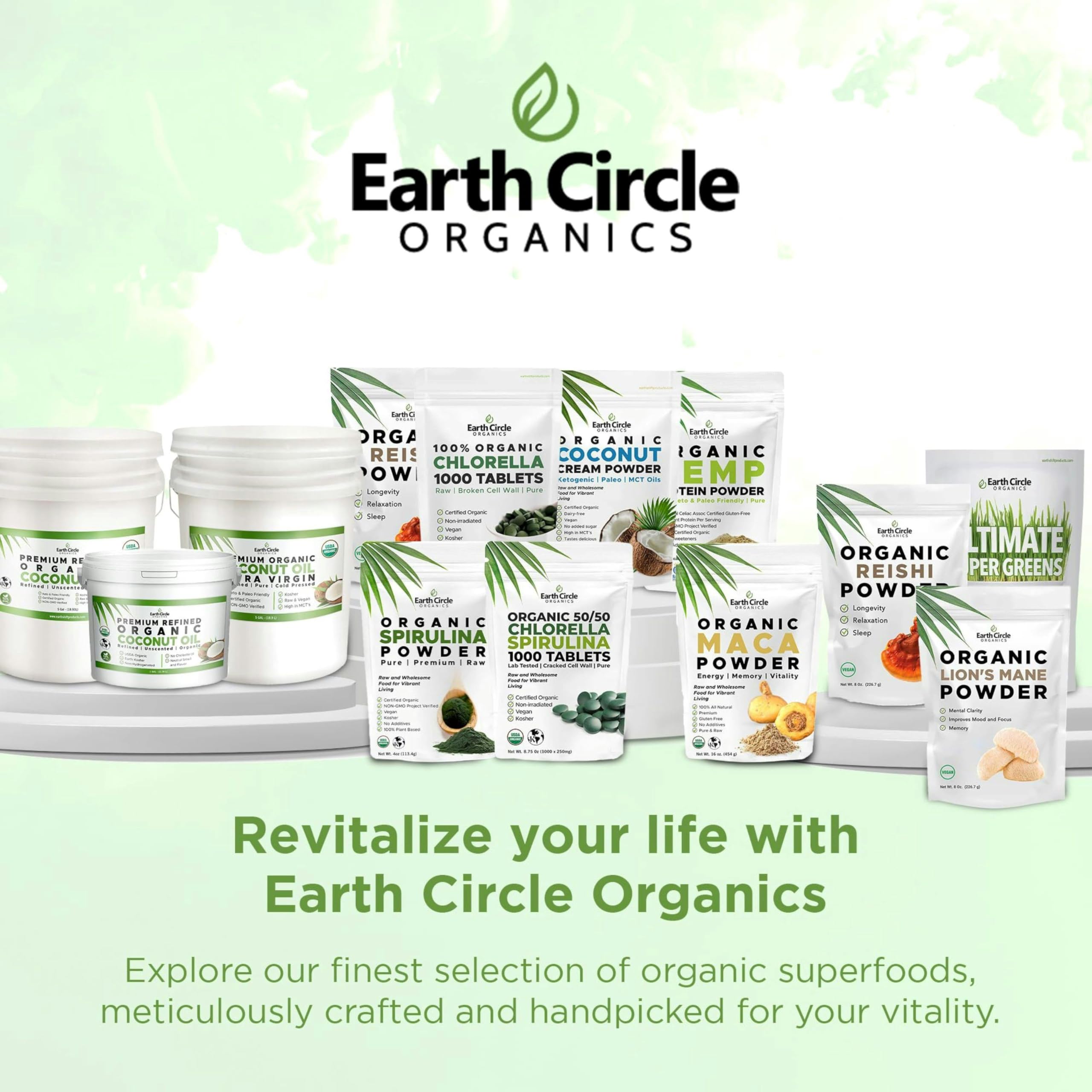 Earth Circle Organics Chlorella, uso en batidos para energía sostenida.
