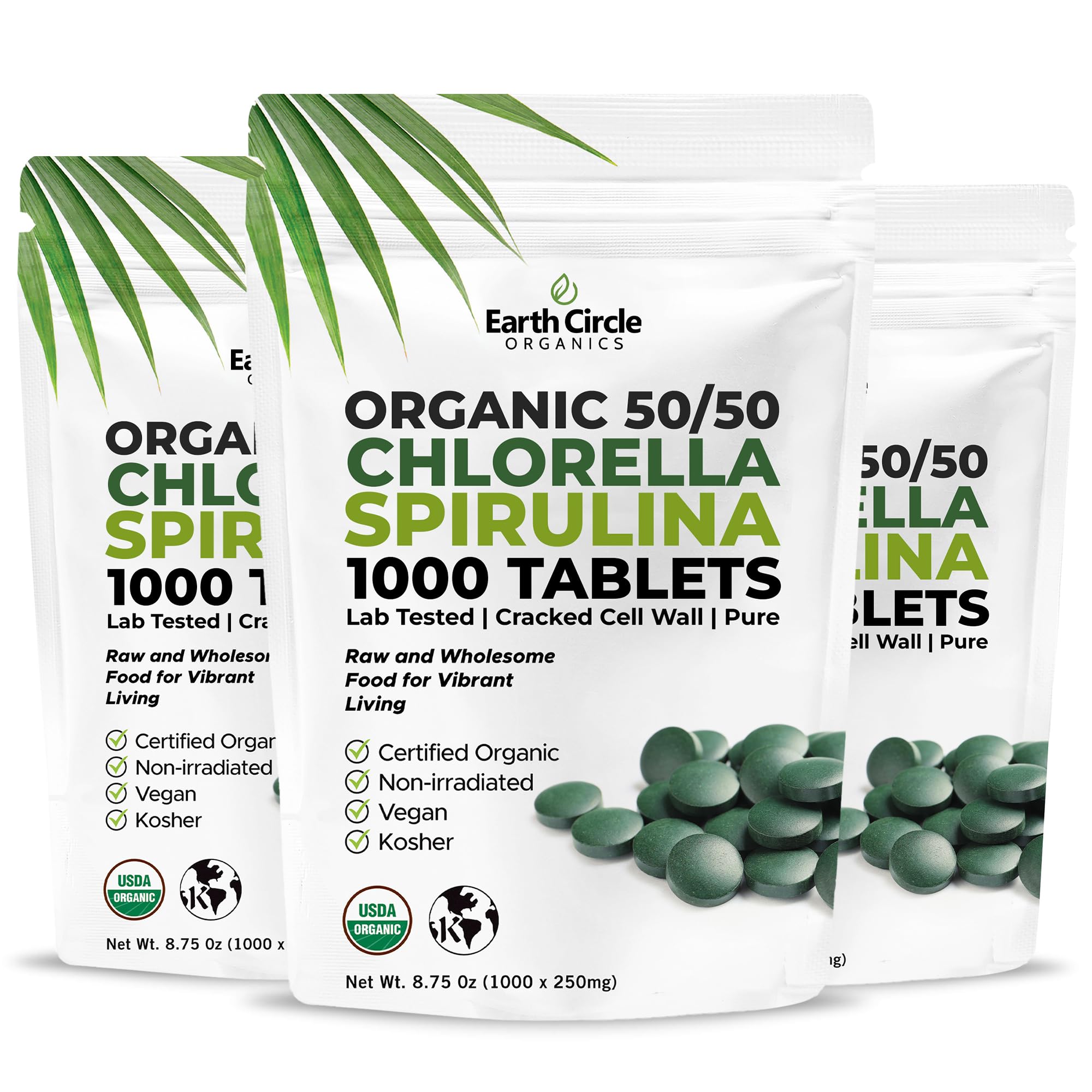 Earth Circle Organics tabletas chlorella-spirulina 50-50, alta concentración de clorofila y proteína.