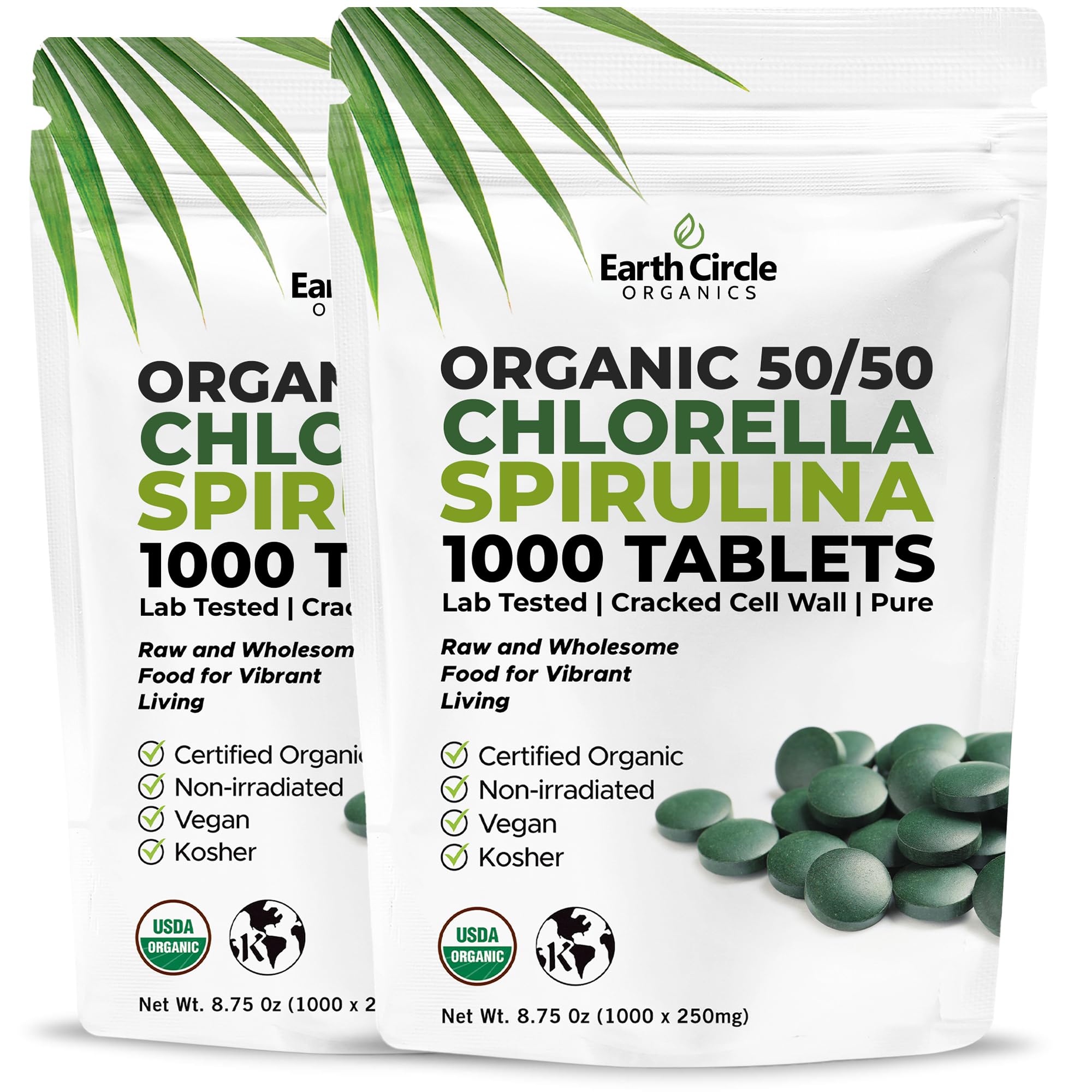Earth Circle Organics tabletas chlorella-spirulina en botella para consumo diario y energía