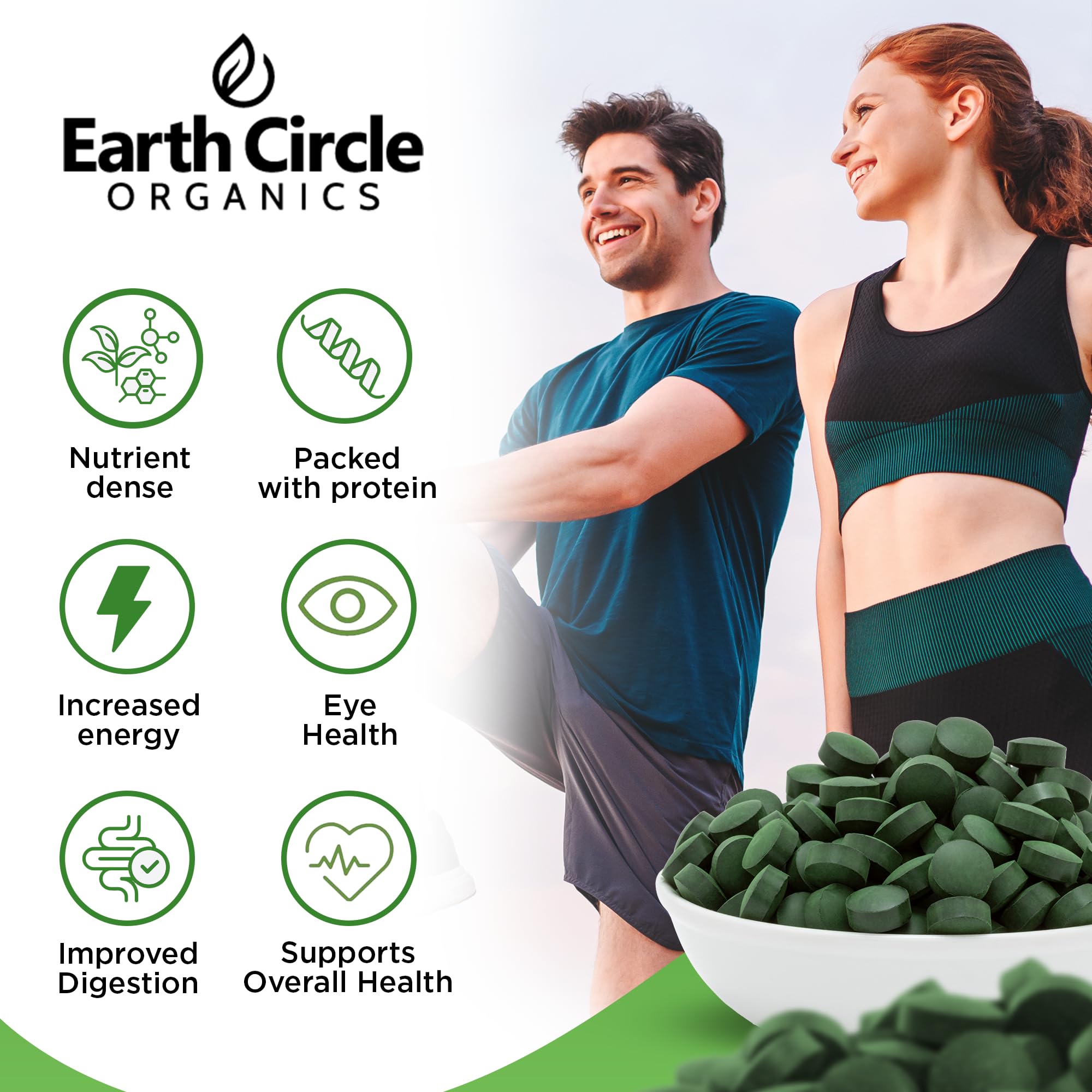 Earth Circle Organics tabletas con clorofila, apoyo natural para bienestar diario.