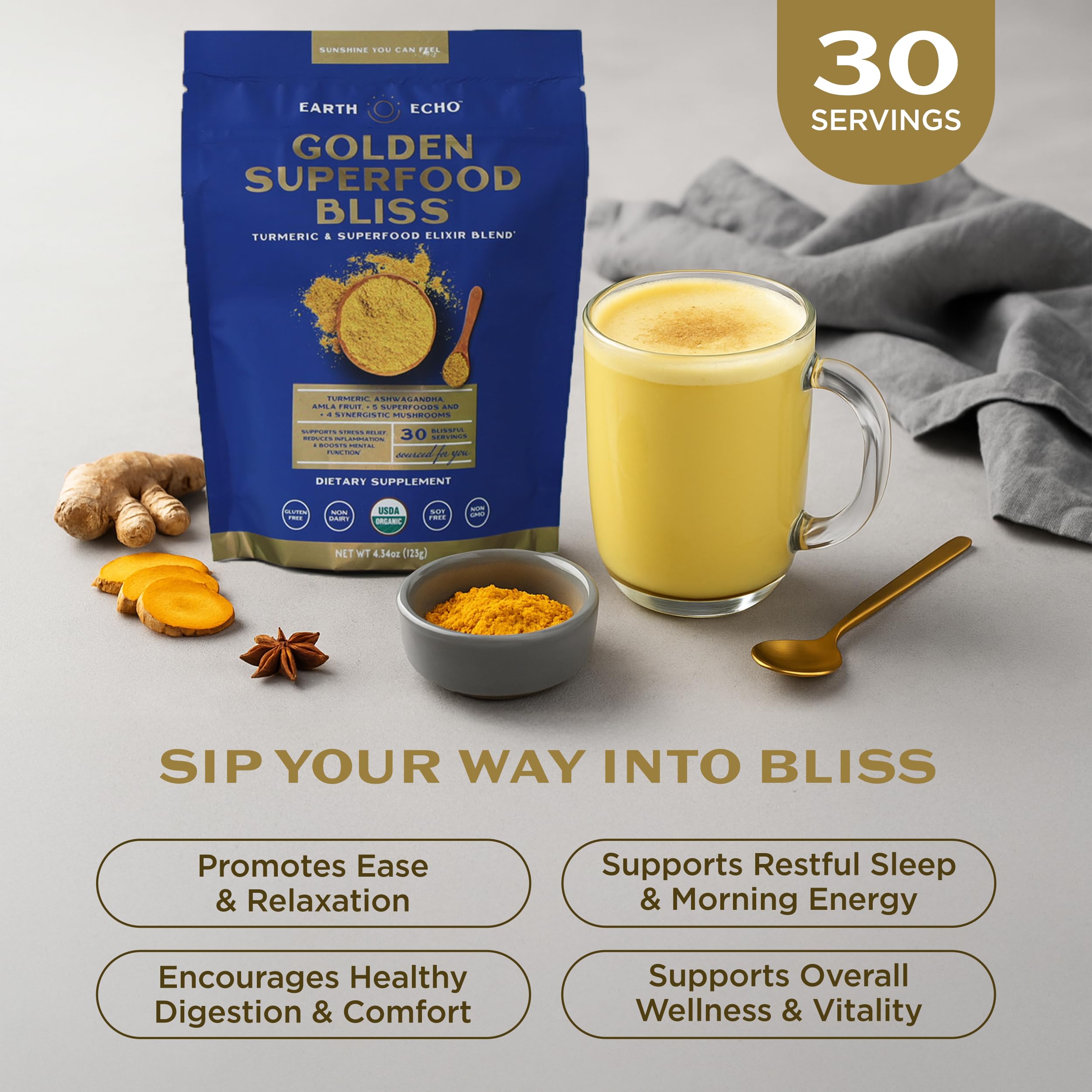 Earth Echo Golden Bliss envase polvo ideal para recetas rápidas