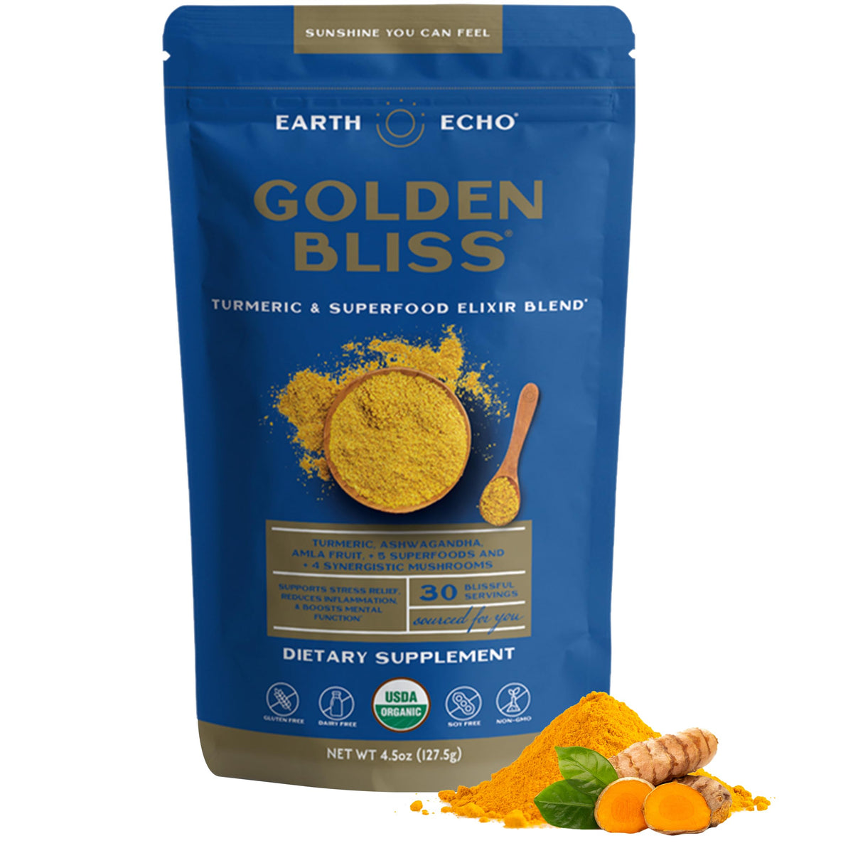 Earth Echo Golden Bliss polvo de curcuma y jengibre para sabor cálido y reconfortante