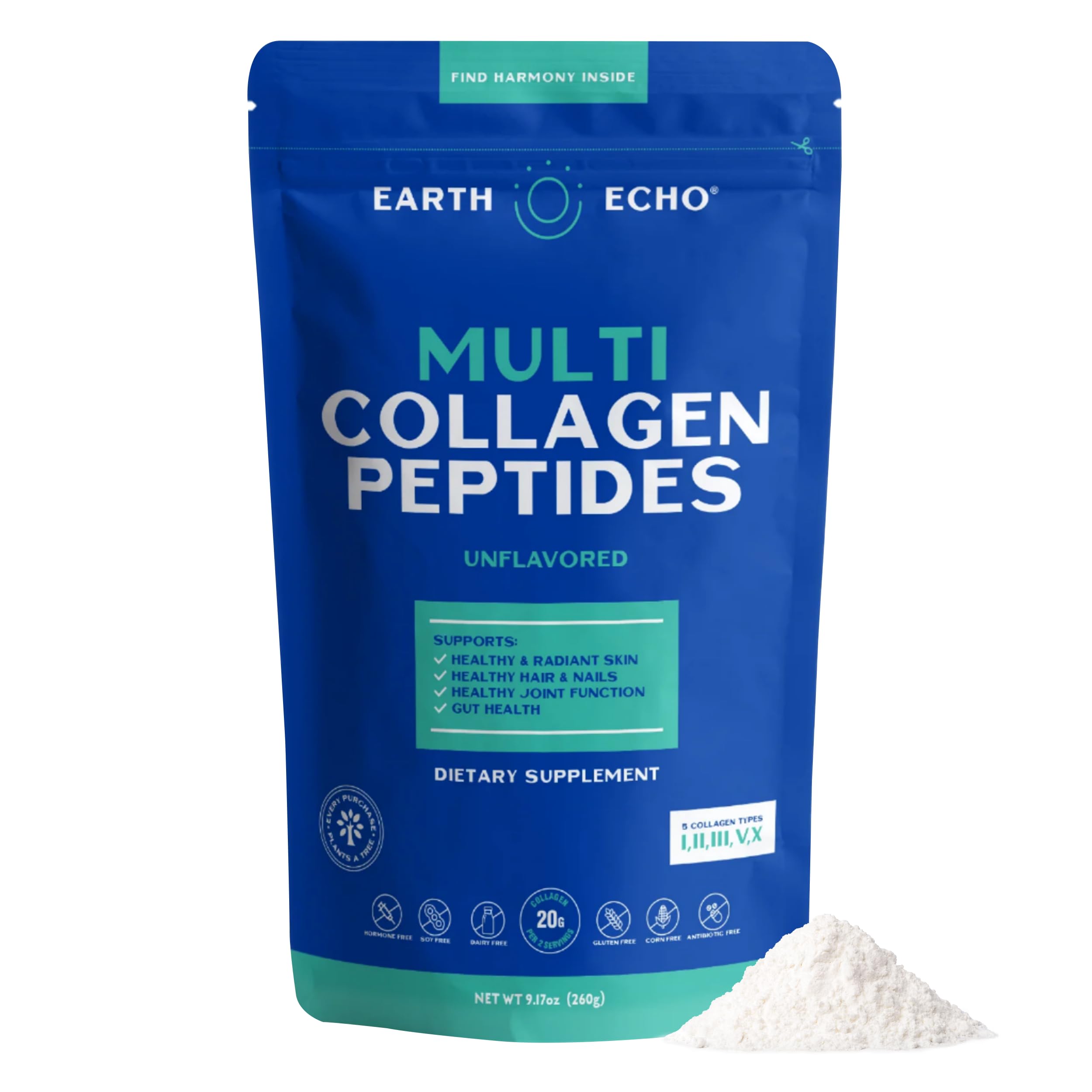 Earth Echo Polvo de Colágeno Multi sin sabor en botella para uso diario