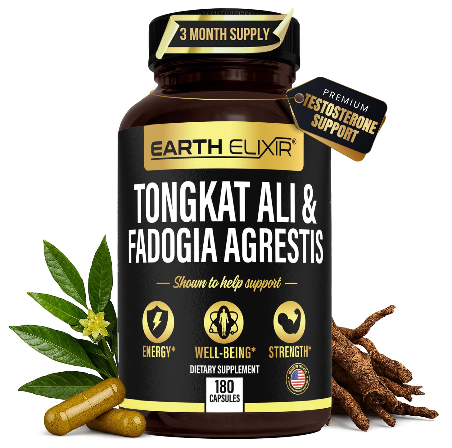 Earth Elixir Fadogia Agrestis y Tongkat Ali botella, energía constante para entrenamientos