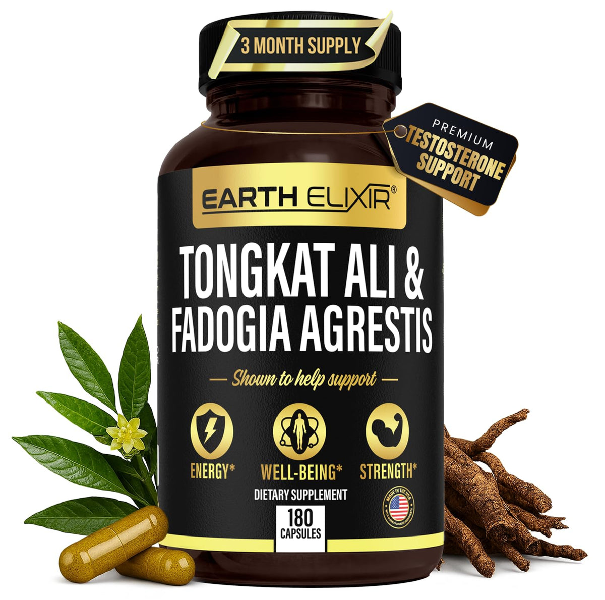 Earth Elixir Fadogia Agrestis y Tongkat Ali botella, energía constante para entrenamientos