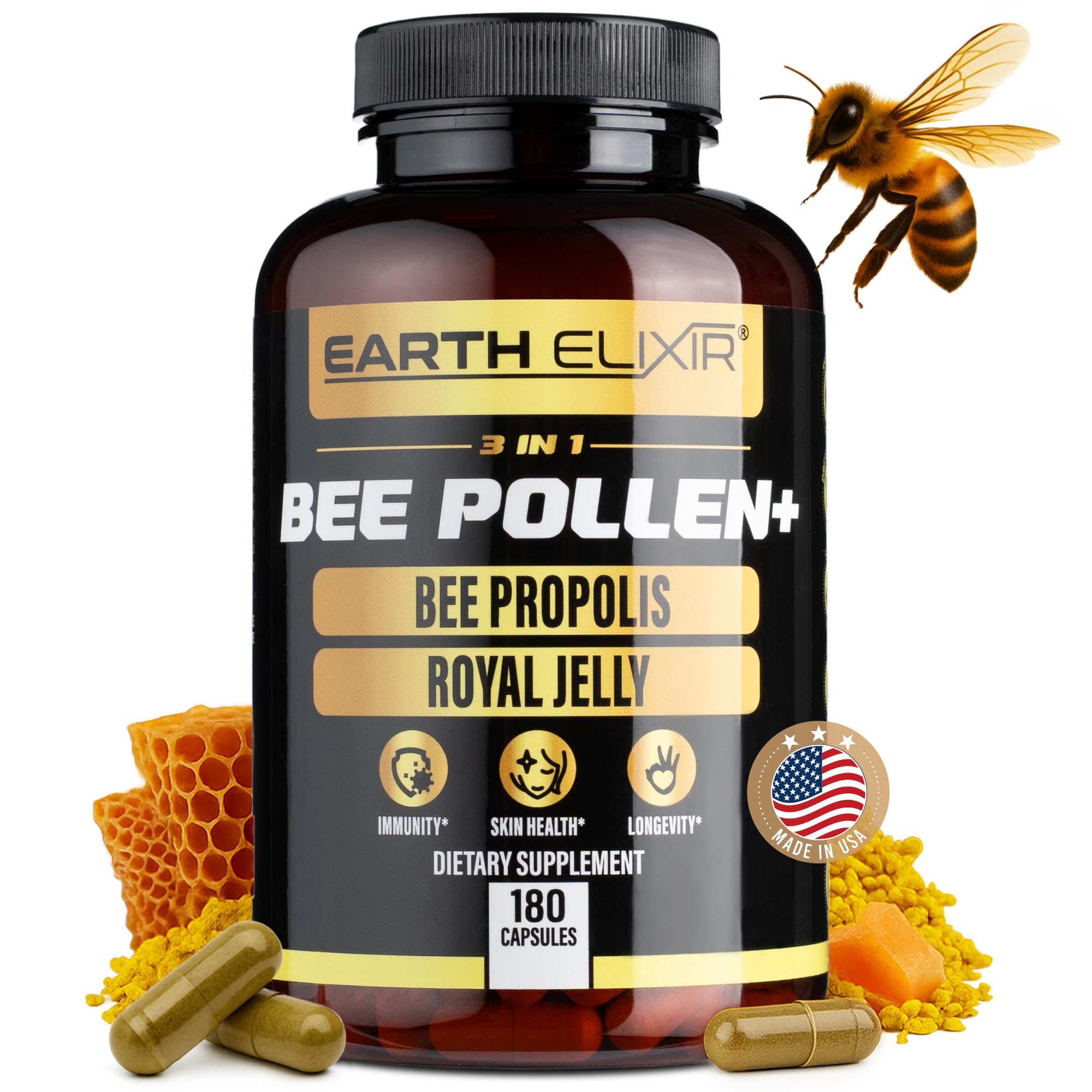 Earth Elixir cápsulas de polen de abeja orgánico para energía diaria