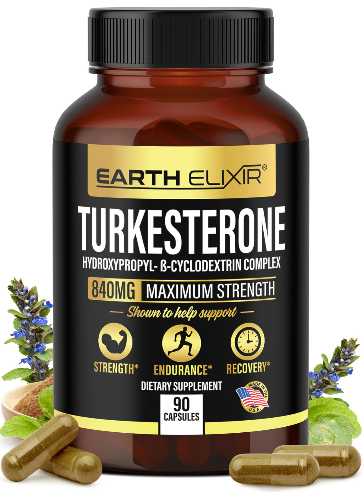 Earth Elixir Turkesterone 840mg, botella en primer plano para uso diario.