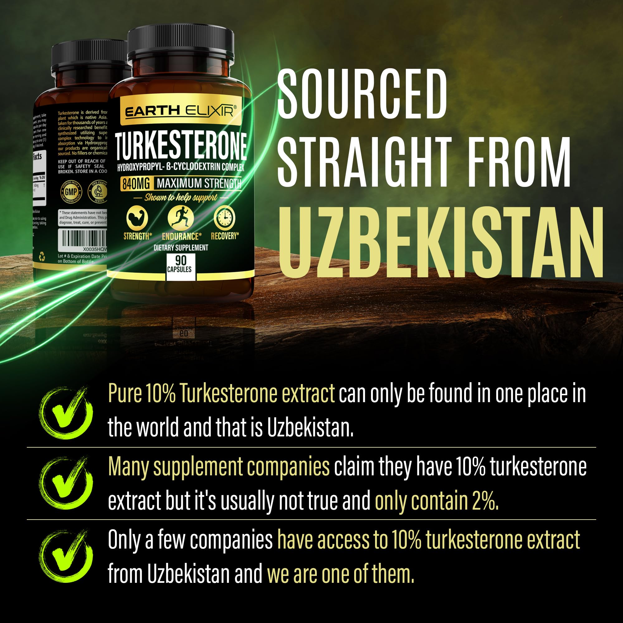 Earth Elixir Turkesterone 840mg, etiqueta clara para lectura rápida.