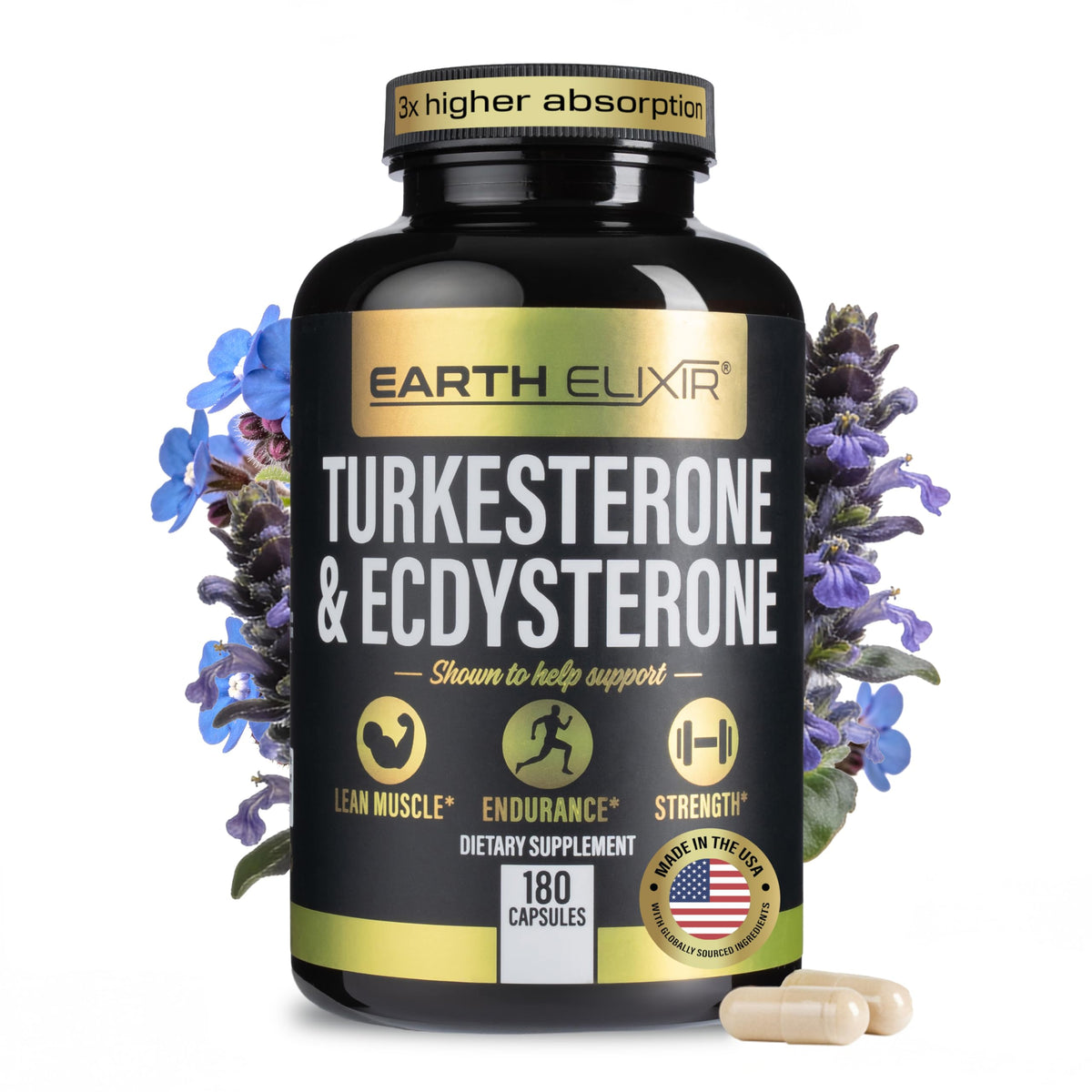 Earth Elixir Turkesterona Ecdisterona, cápsulas visibles, soporte natural para entrenamientos y recuperación