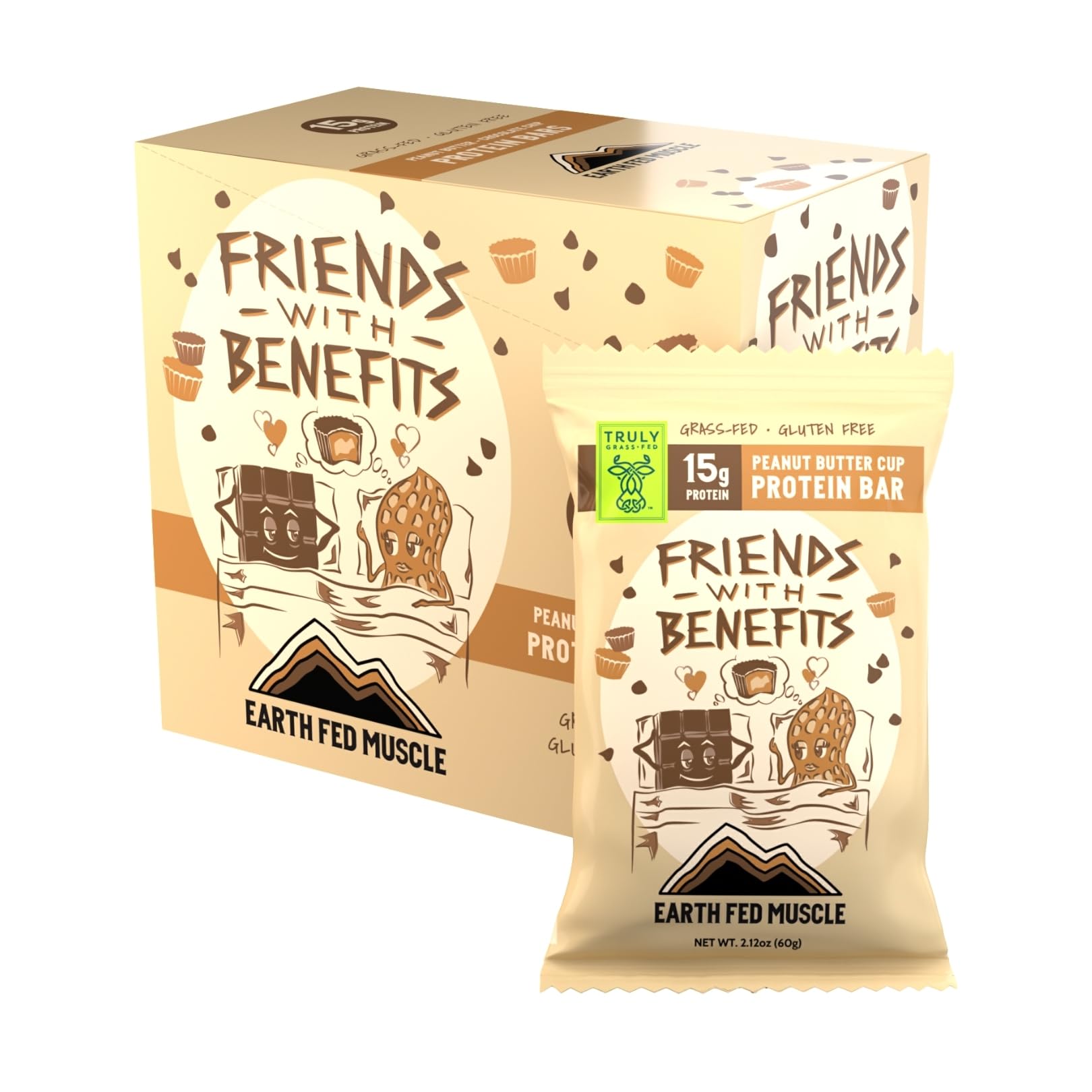 Earth Fed Muscle barra chocolate con maní, snack proteico para energizar entrenamientos.