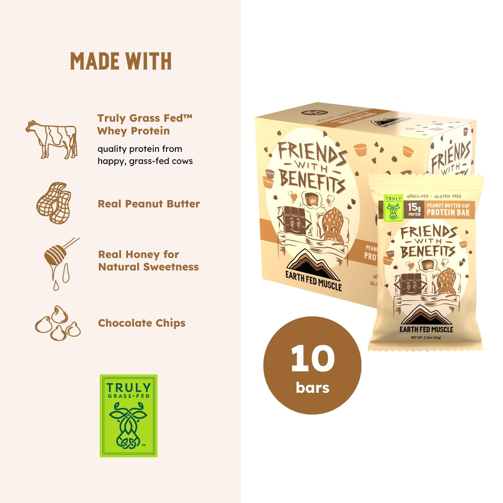 Earth Fed Muscle barra proteina formato 60g, porción lista para llevar.