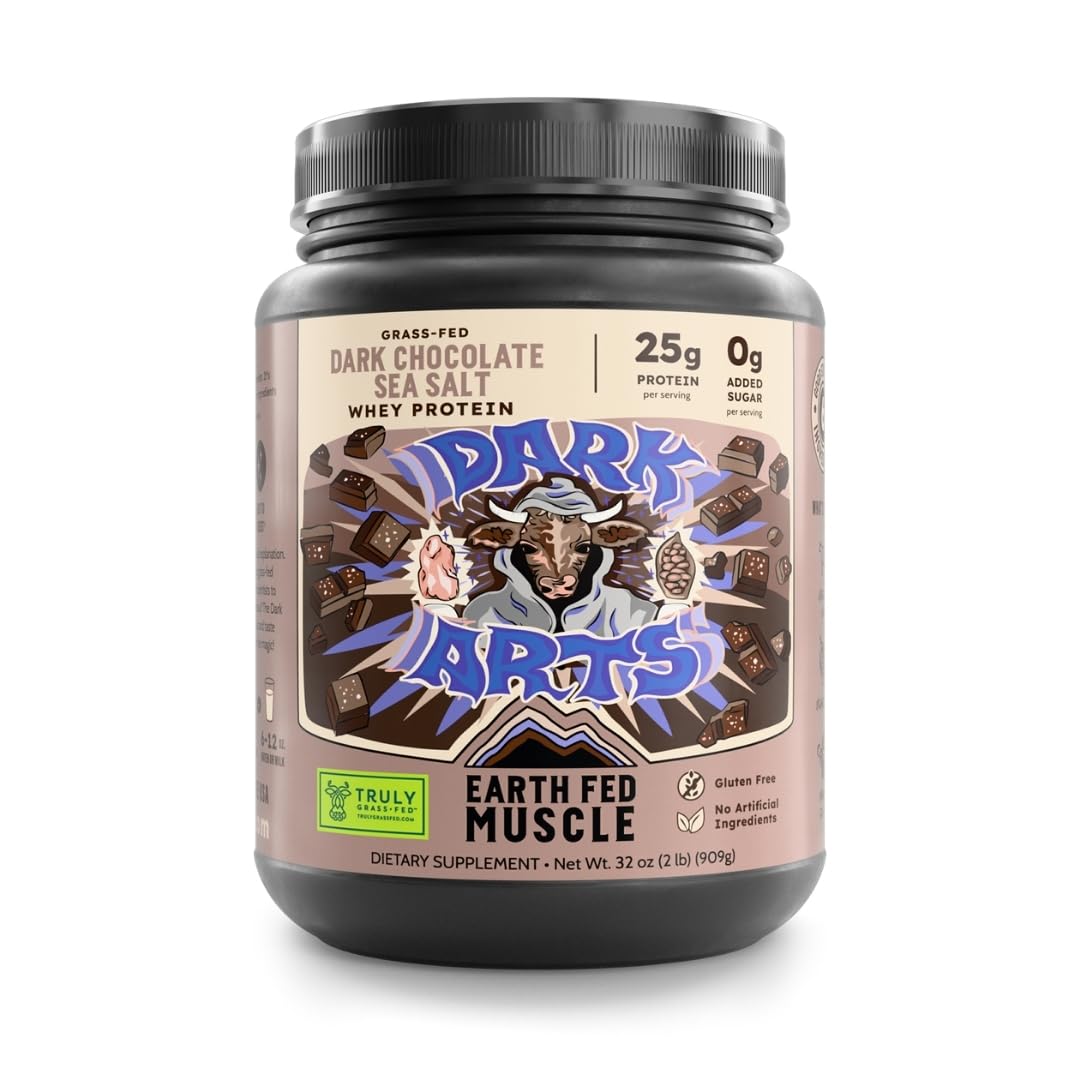 Earth Fed Muscle Dark Arts Whey en lata, sabor chocolate salado, ideal para recargar energía.
