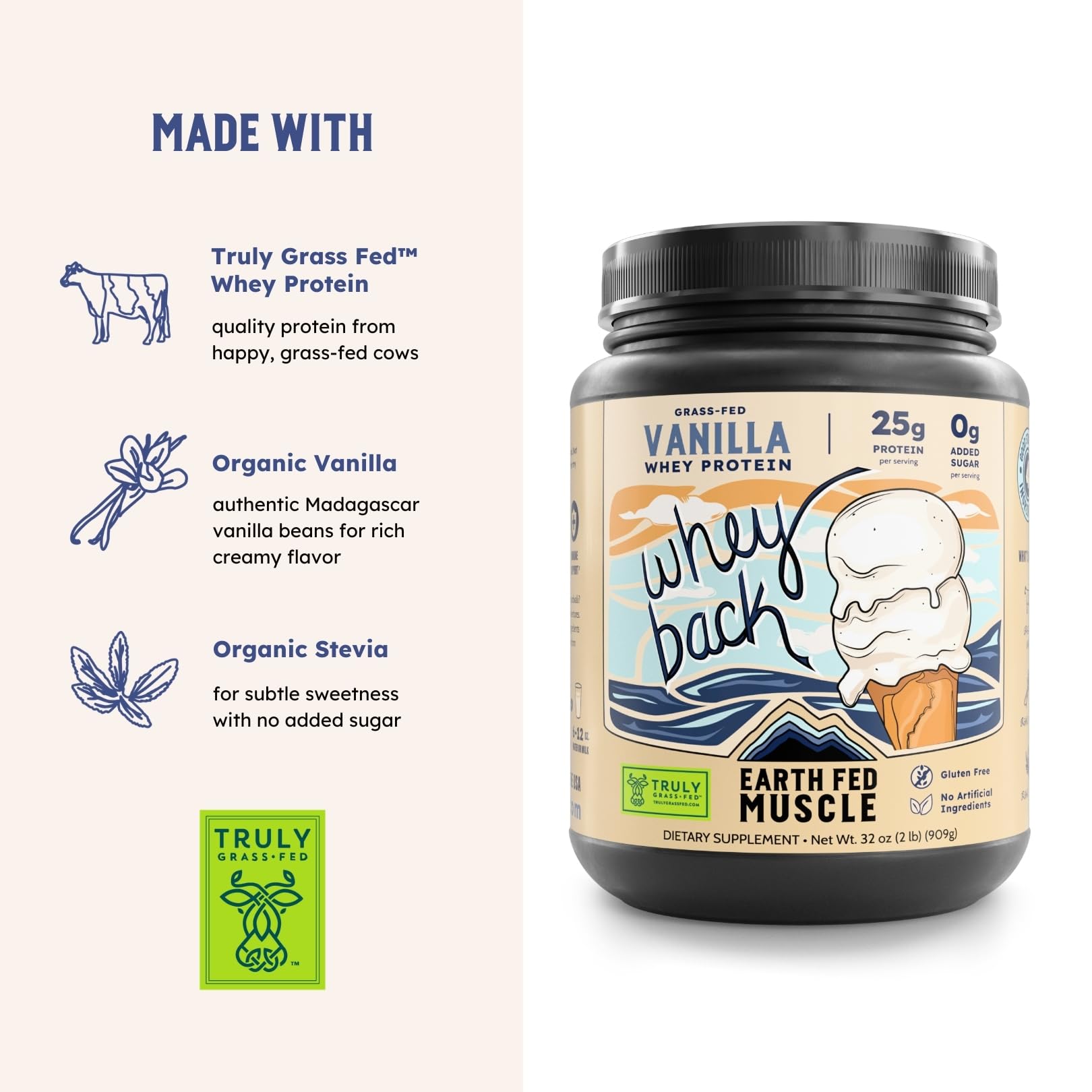 Earth Fed Muscle Whey Back: 25 g de proteína por porción para rendimiento diario