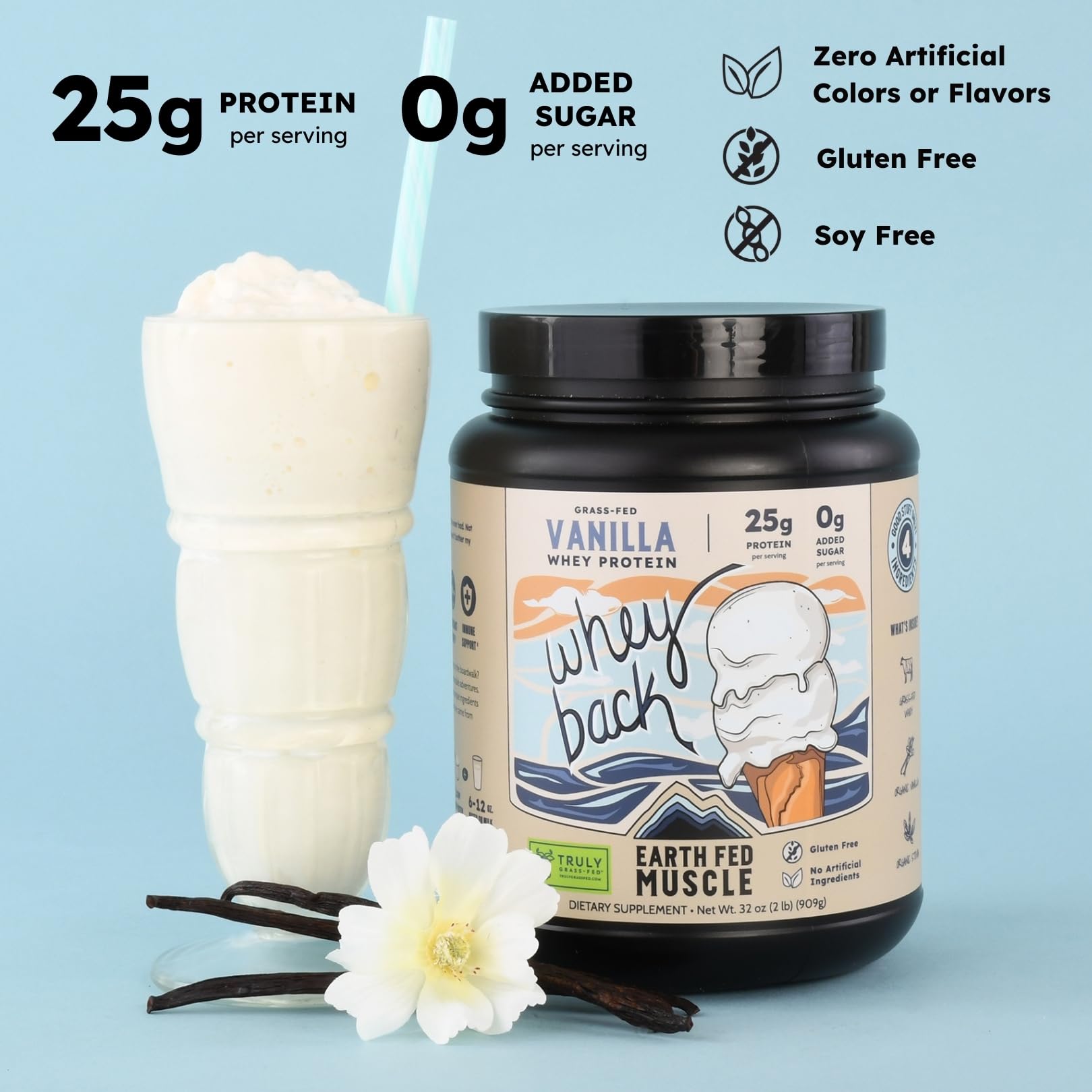 Earth Fed Muscle Whey Back: vainilla Madagascar para batidos suaves y sabrosos