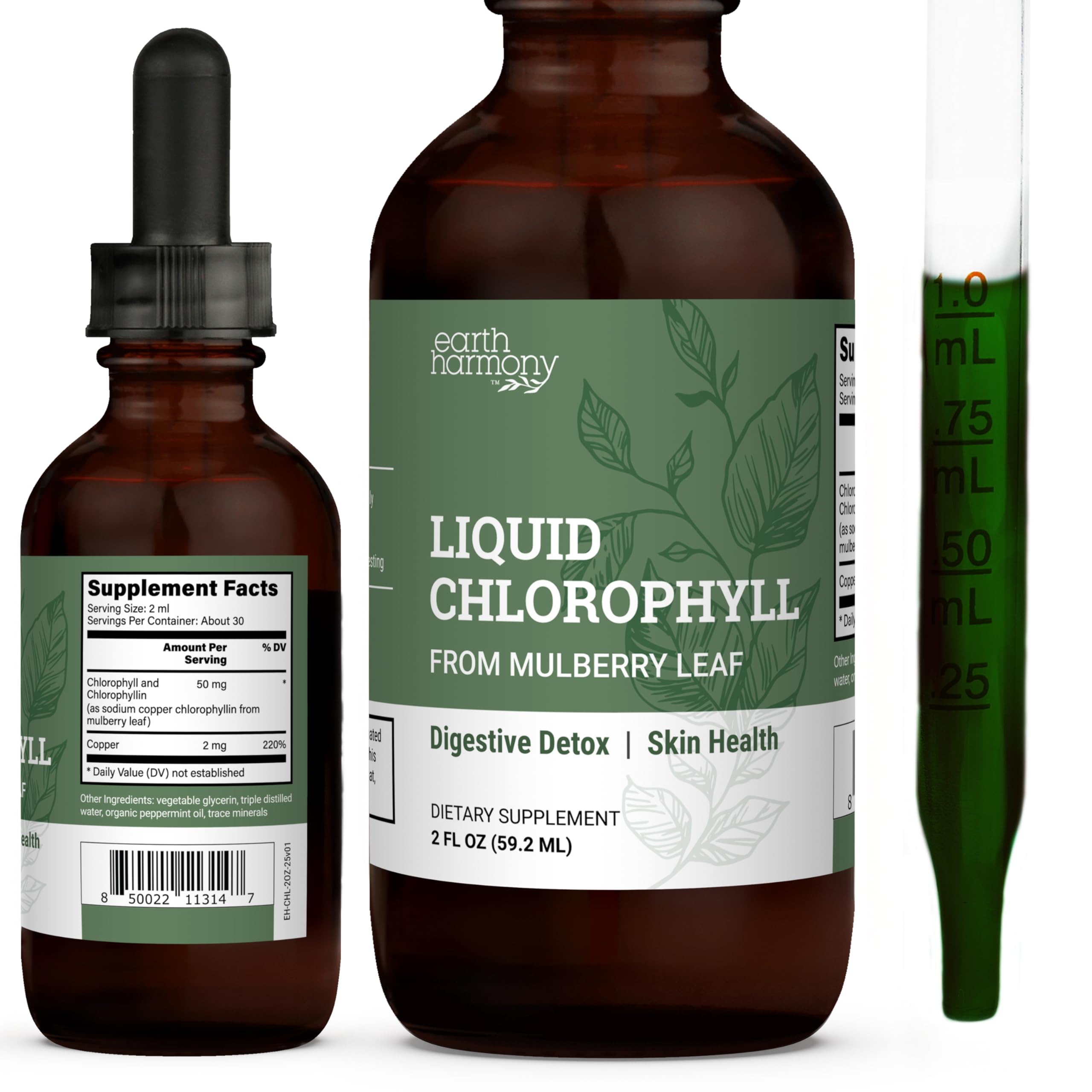 Earth Harmony Naturals Clorofila Líquida, botella lista para apoyar tu bienestar diario.