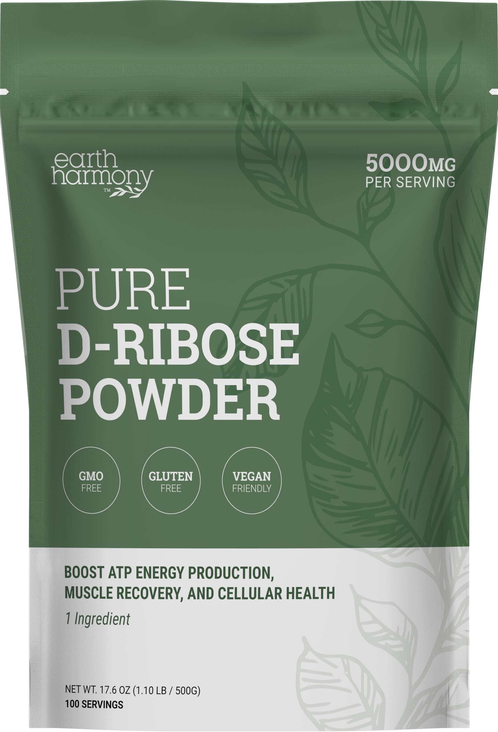 Earth Harmony Naturals D-Ribosa Polvo Frasco ofrece energía sostenida para entrenamientos diarios.