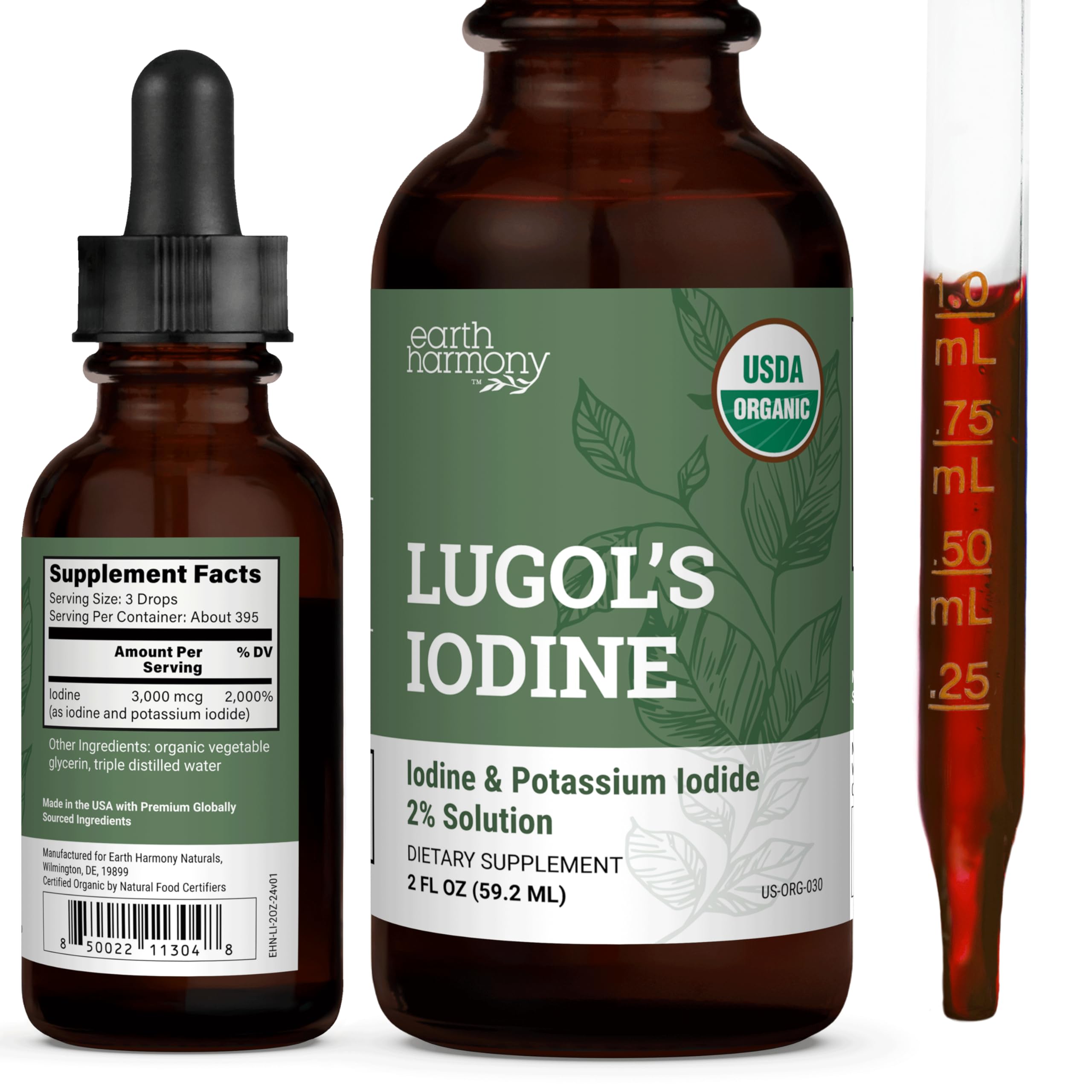 Earth Harmony Naturals solución de Yodo Lugol en frasco para uso diario.