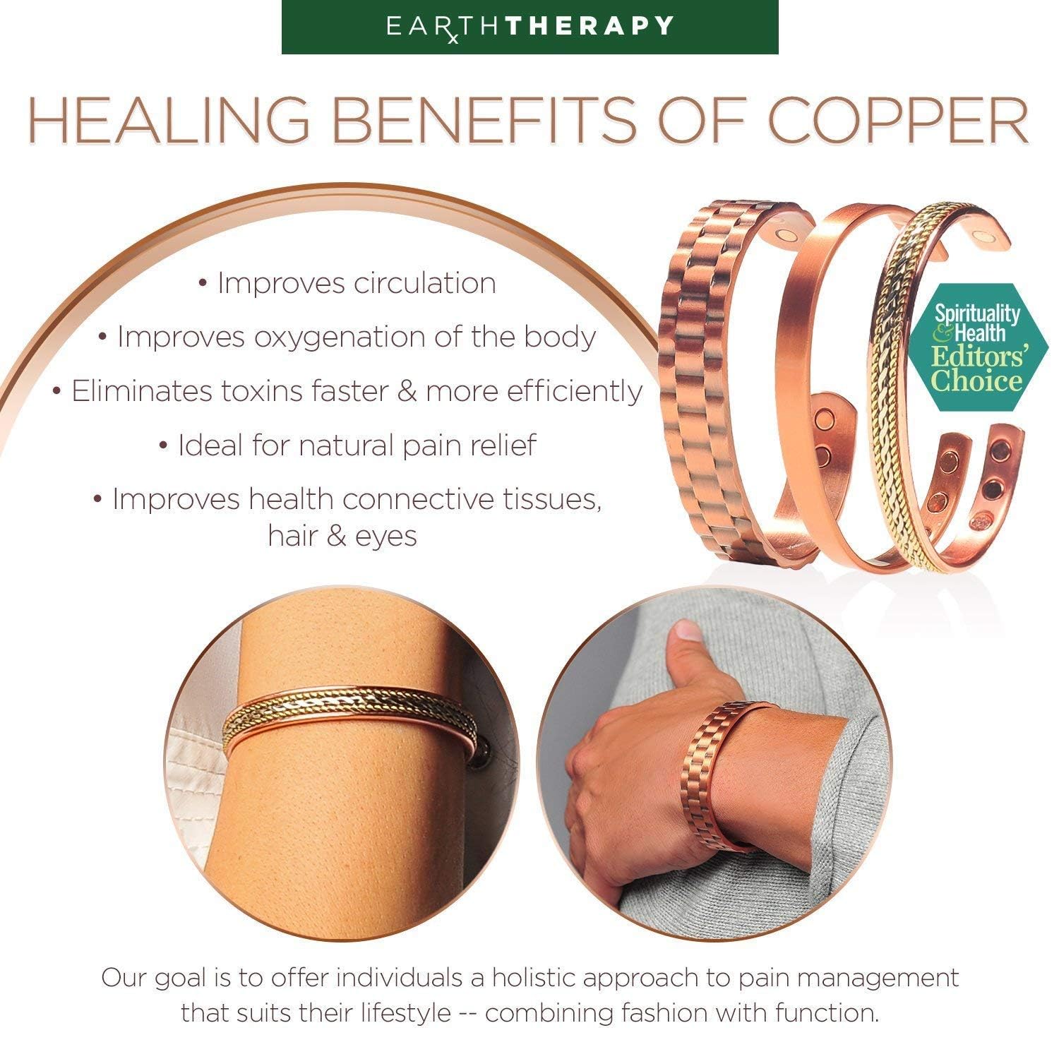 Earth Therapy pulsera de cobre lista para combinar con cualquier atuendo.