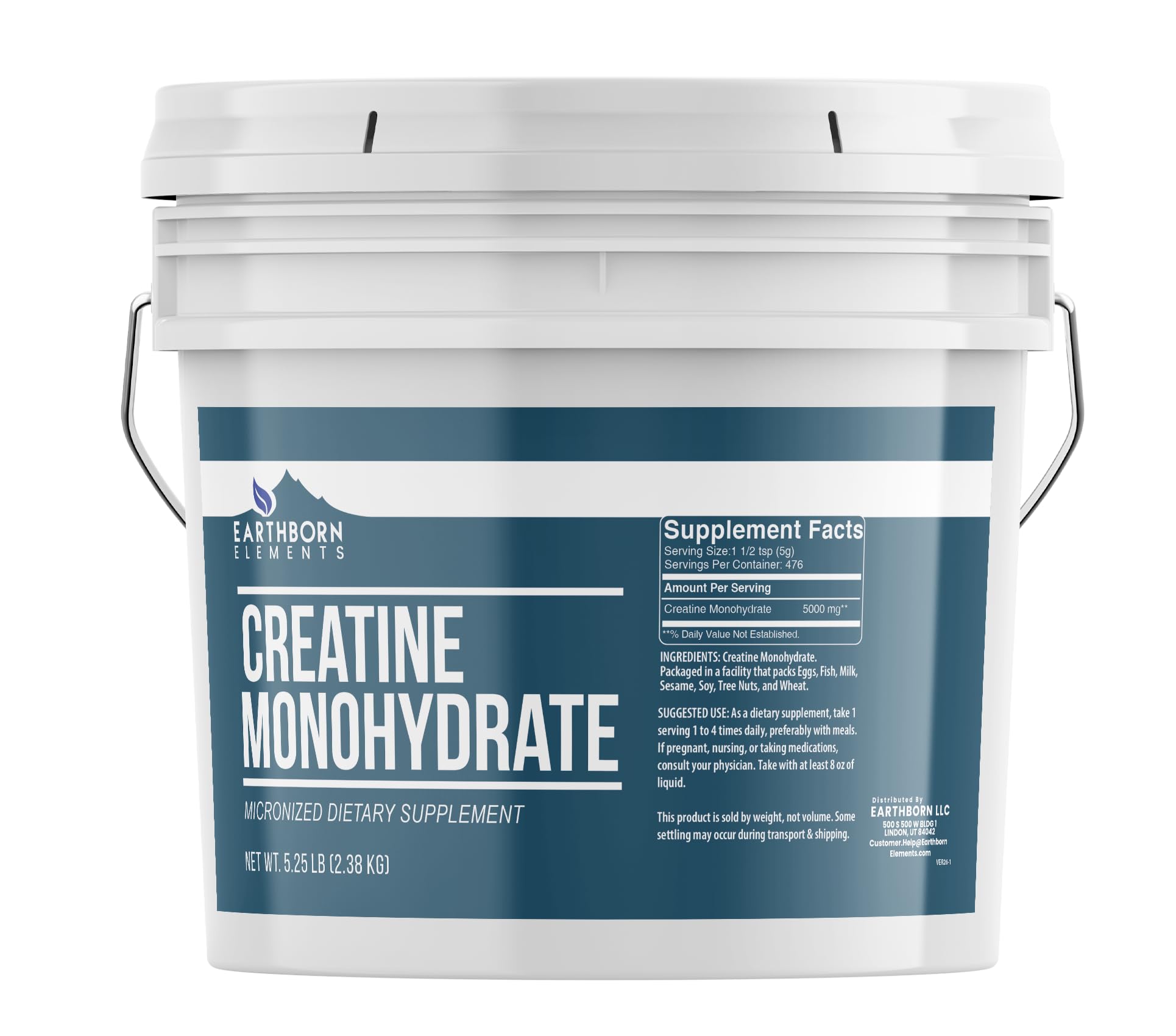 Earthborn Elements Creatina Monohidrato en balde de 1 galón, ideal para mezclar en batidos.