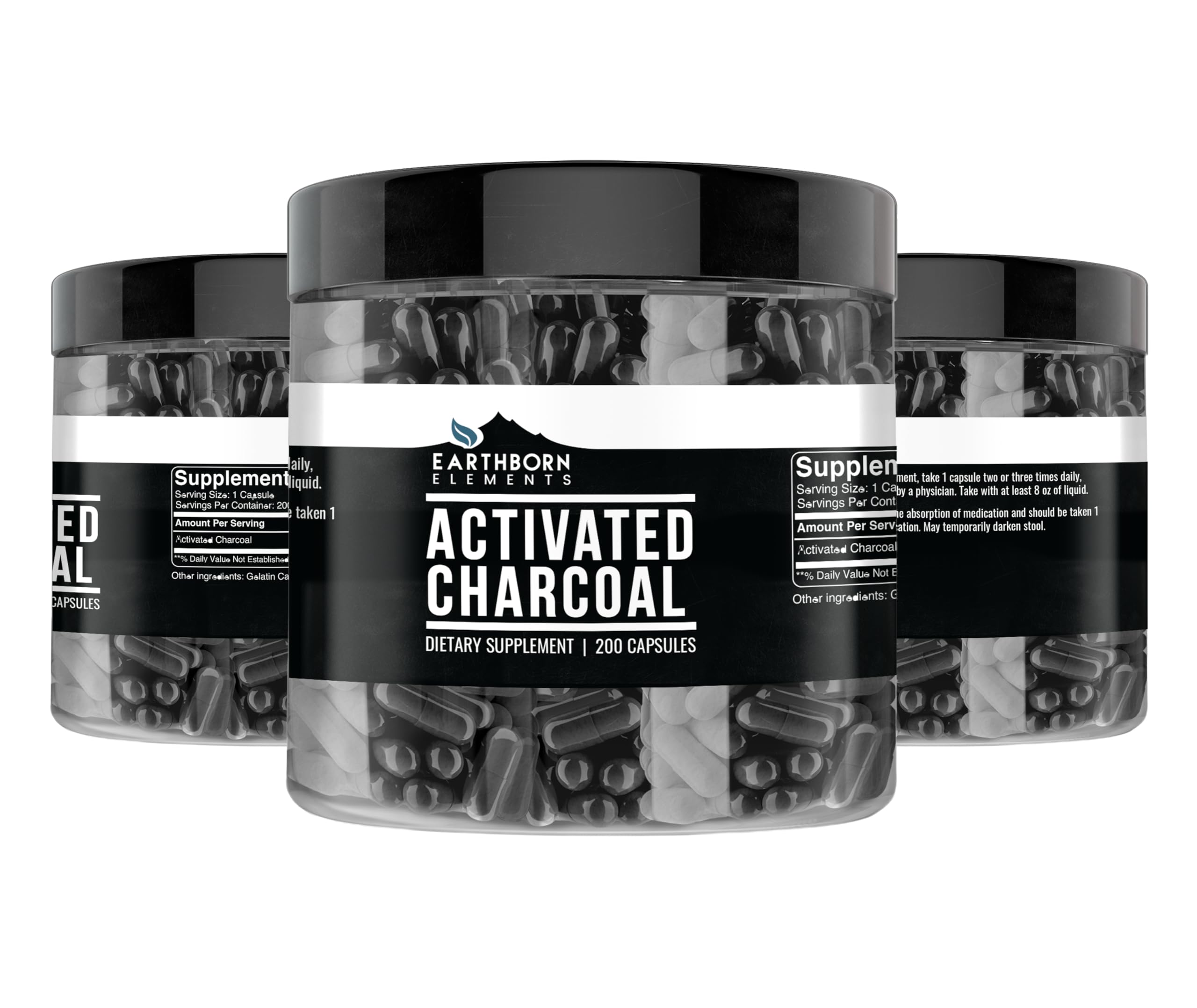 Envase con Earthborn Elements cápsulas de carbón activado para almacenamiento práctico