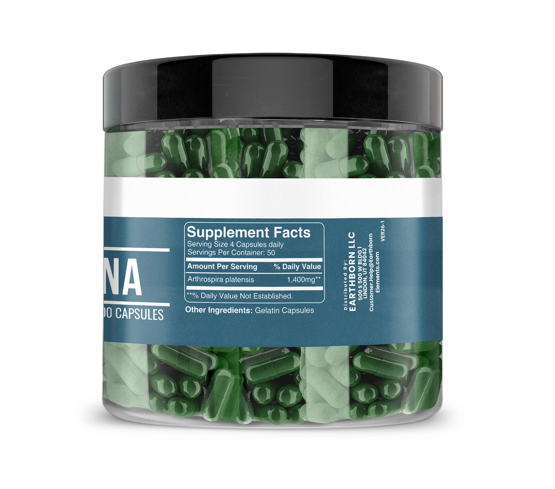 Earthborn Elements Spirulina, etiqueta de la botella, pureza sin aditivos