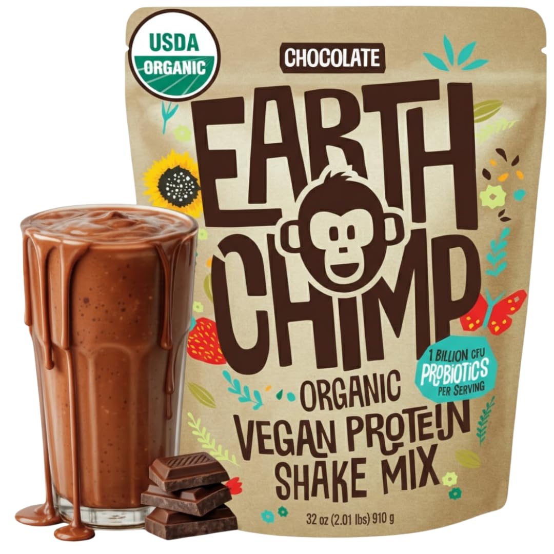 EarthChimp Proteína Vegana Orgánica Chocolate, envase elegante para empezar el día