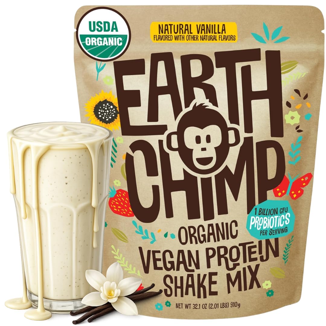 EarthChimp proteina vegana organica vainilla en bote de 32 onzas para batidos