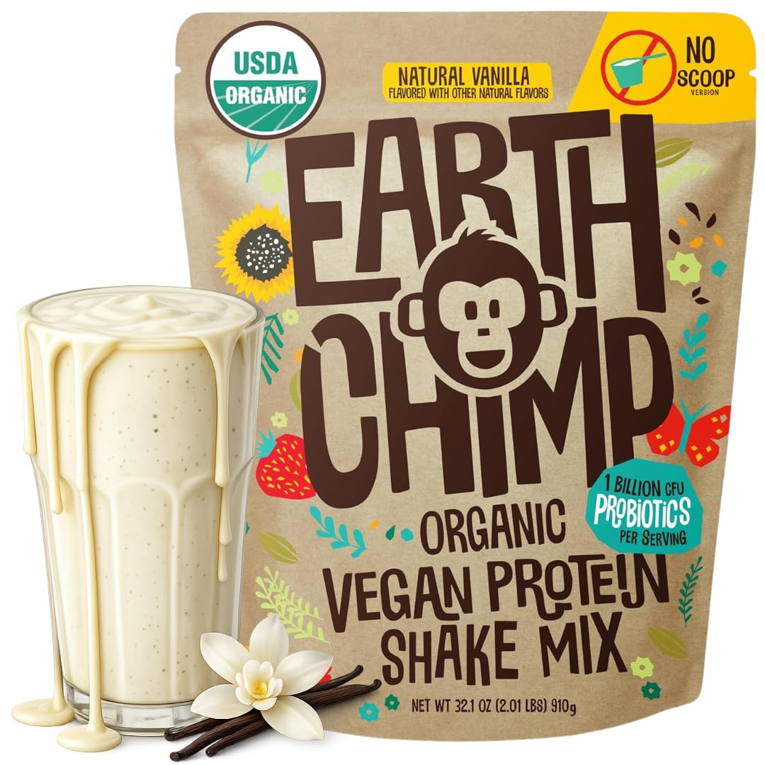 EarthChimp Proteína Vegana Orgánica con Probióticos, tarro de vainilla para batidos diarios.