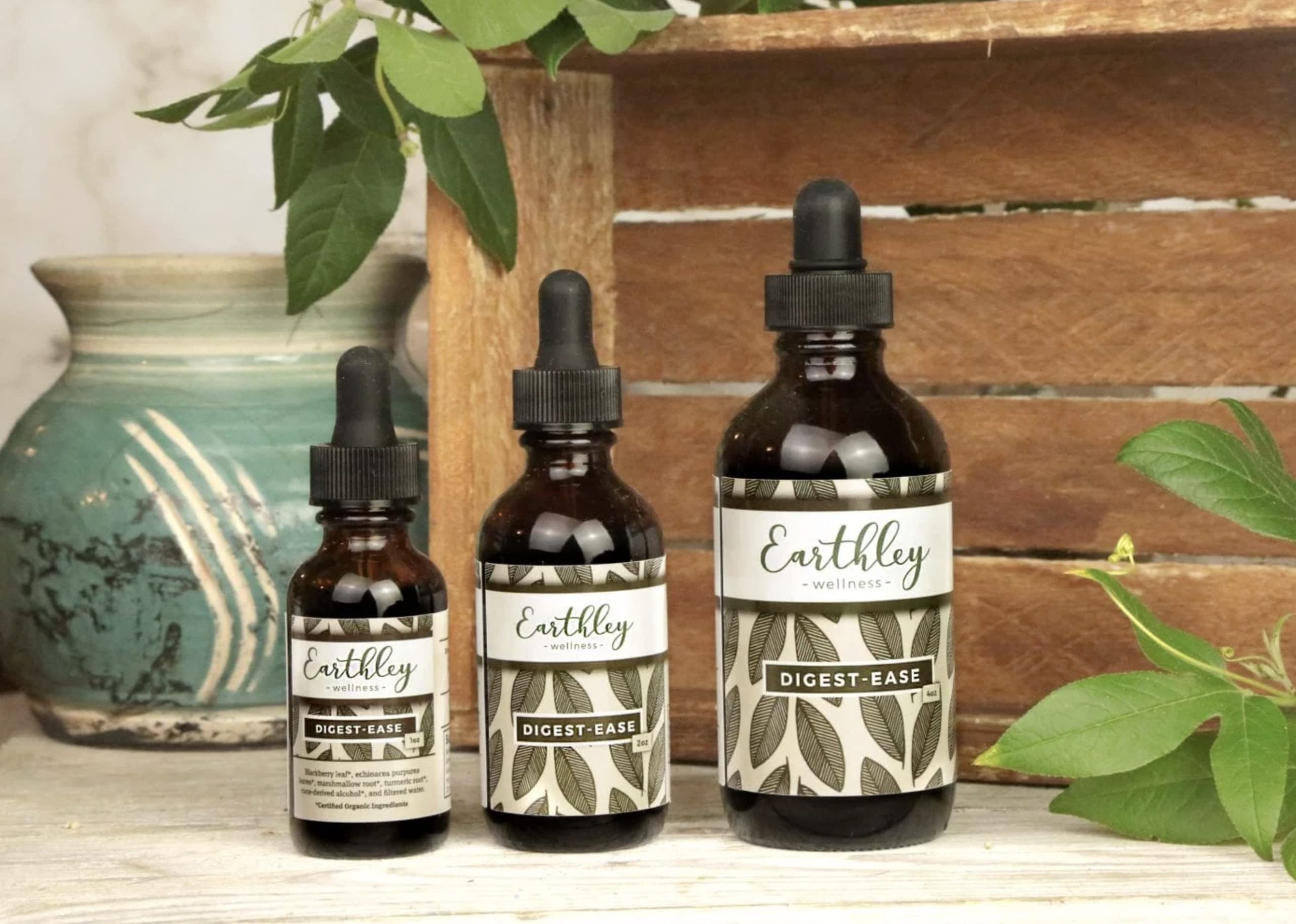 Earthley Wellness Digest Ease: etiqueta natural resalta hierbas orgánicas para la salud intestinal