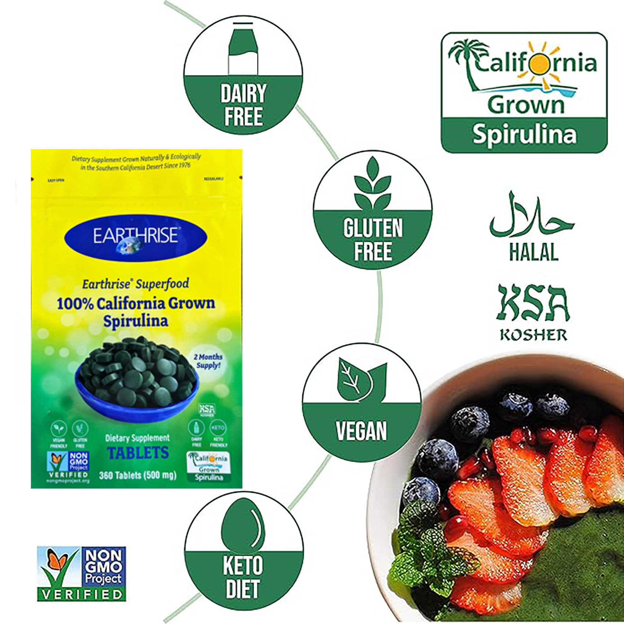 Earthrise espirulina alta en vitaminas para vitalidad diaria.