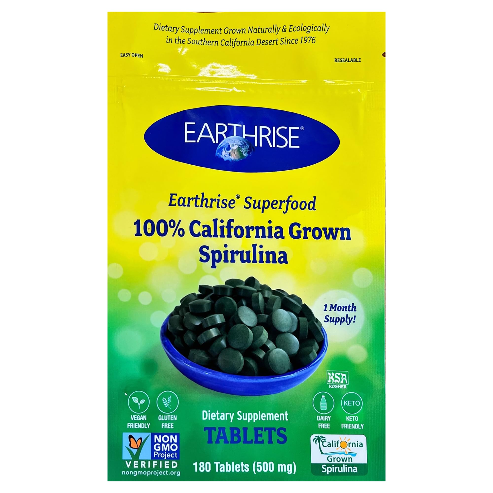 Earthrise espirulina 500 mg, comprimidos frente, aporte de vitaminas diario.
