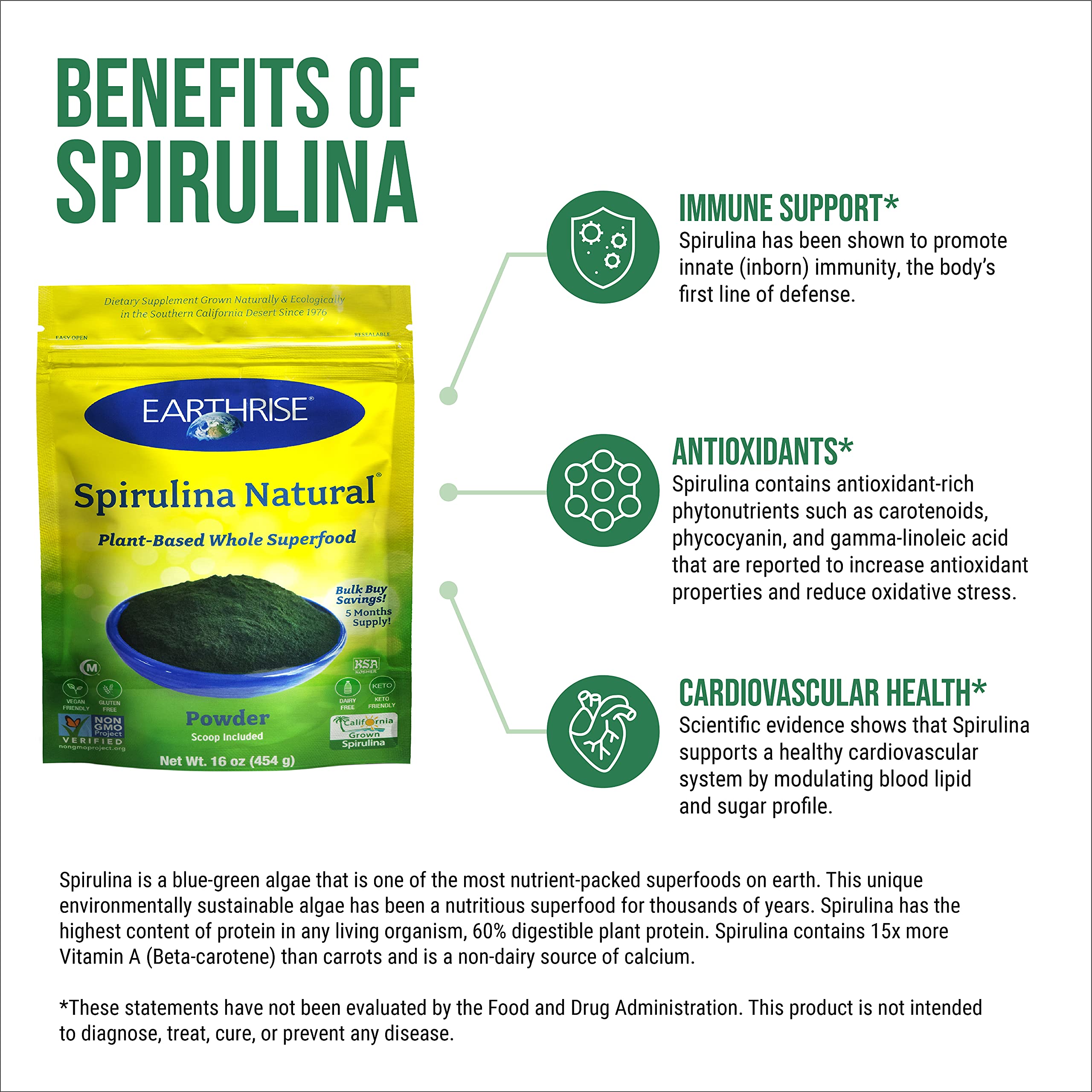 Cuchara medidora de Earthrise Spirulina para dosis precisa.