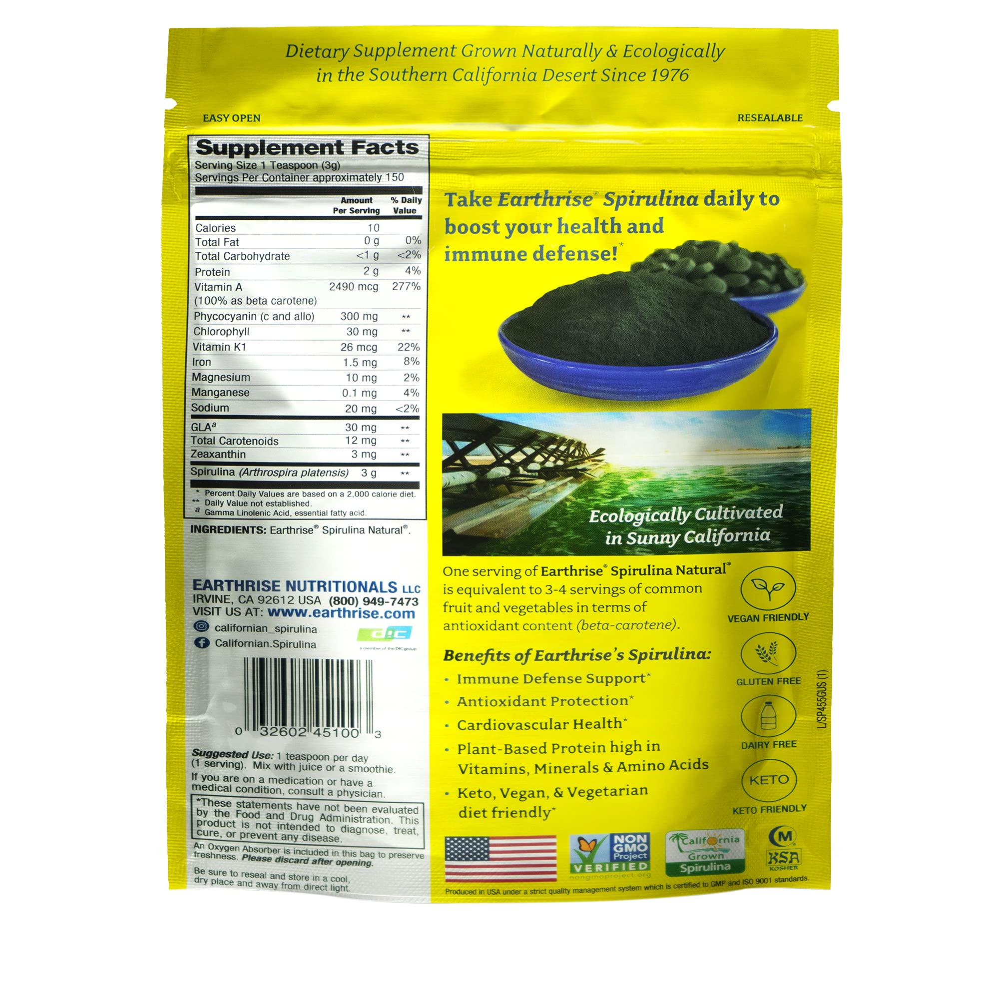 Envase azul Earthrise Spirulina de 454 g para almacenamiento práctico.