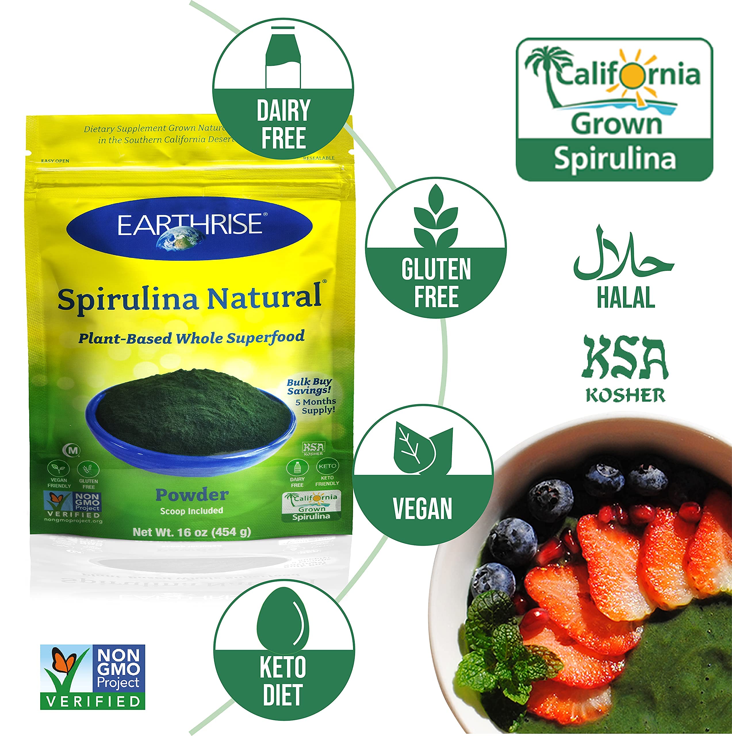 Polvo fino de Earthrise Spirulina, mezcla suave y sin grumos.