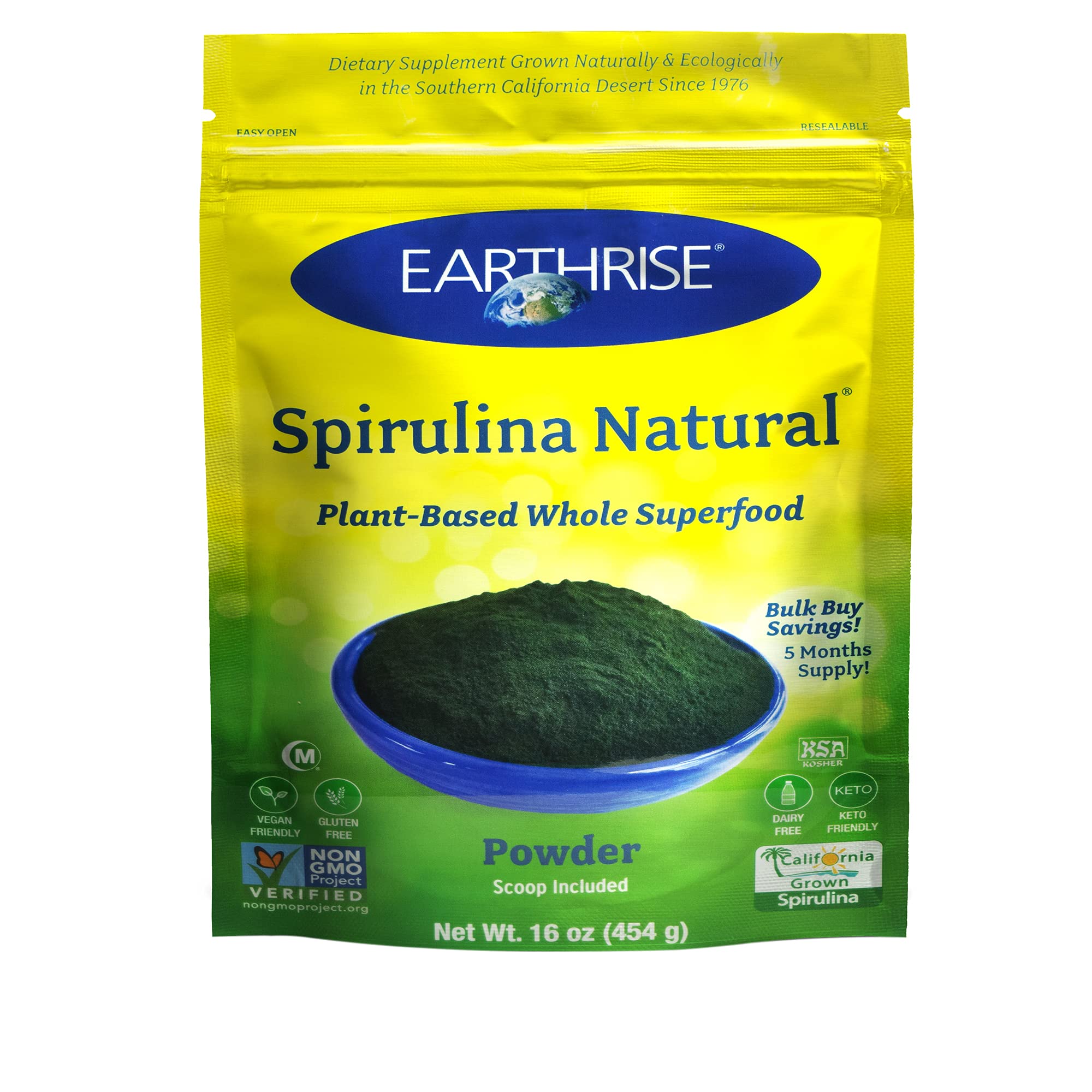Earthrise Spirulina, polvo natural de 16 oz, ideal para batidos nutritivos.