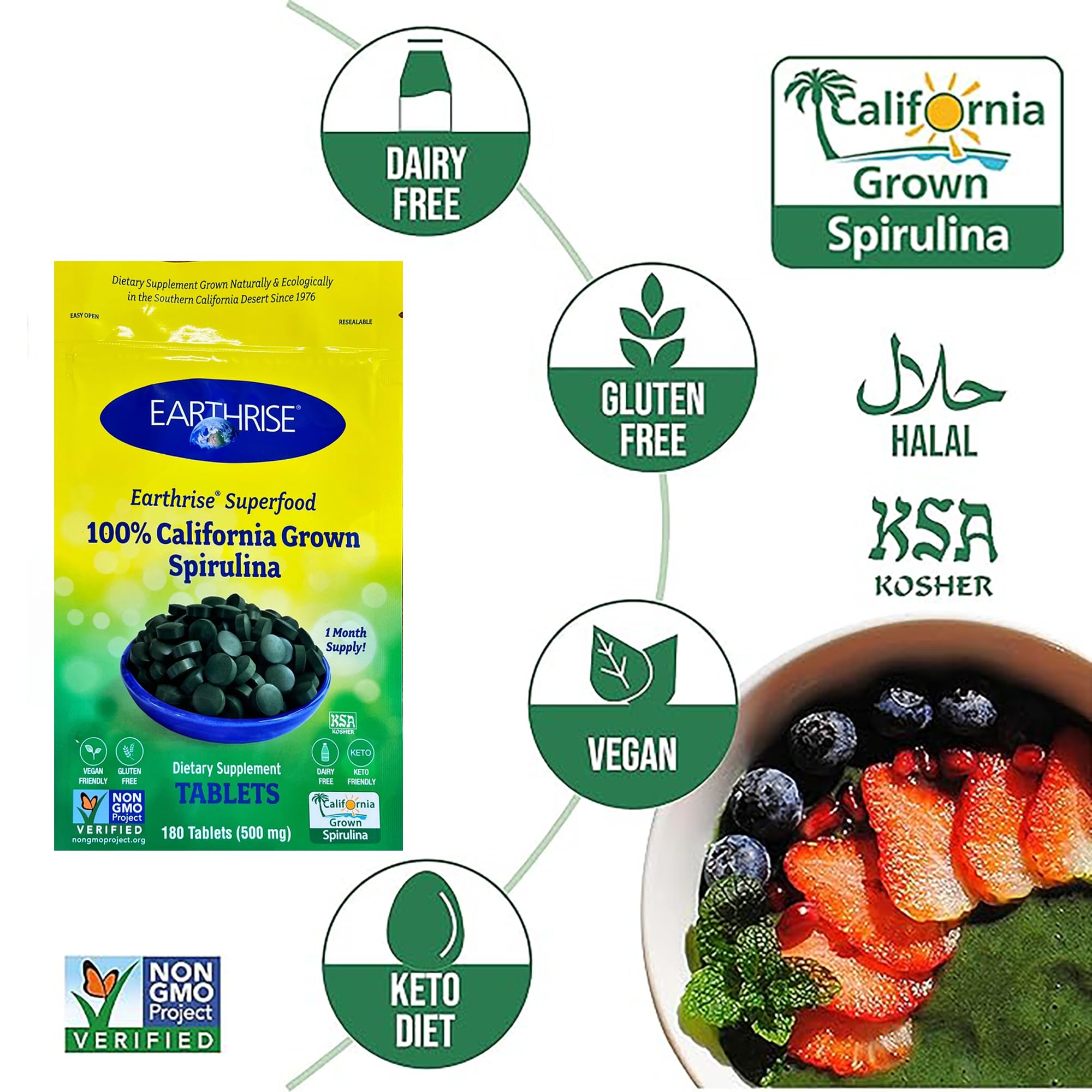 Earthrise espirulina 500 mg, comprimidos en la palma, uso diario cómodo.