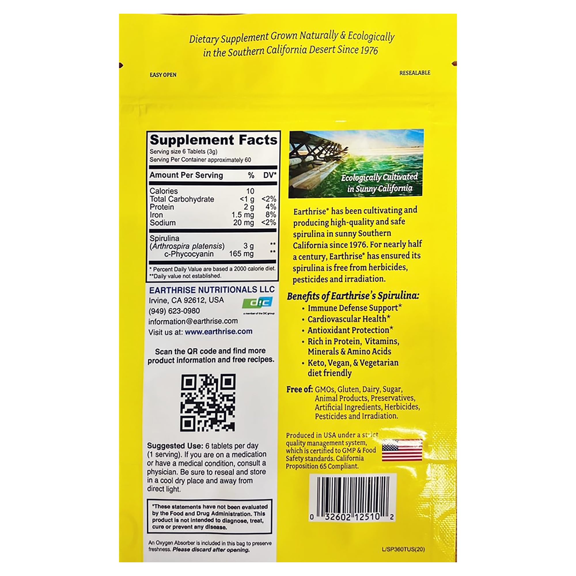 Earthrise espirulina, tabletas veganas sin gluten para dieta basada en plantas.