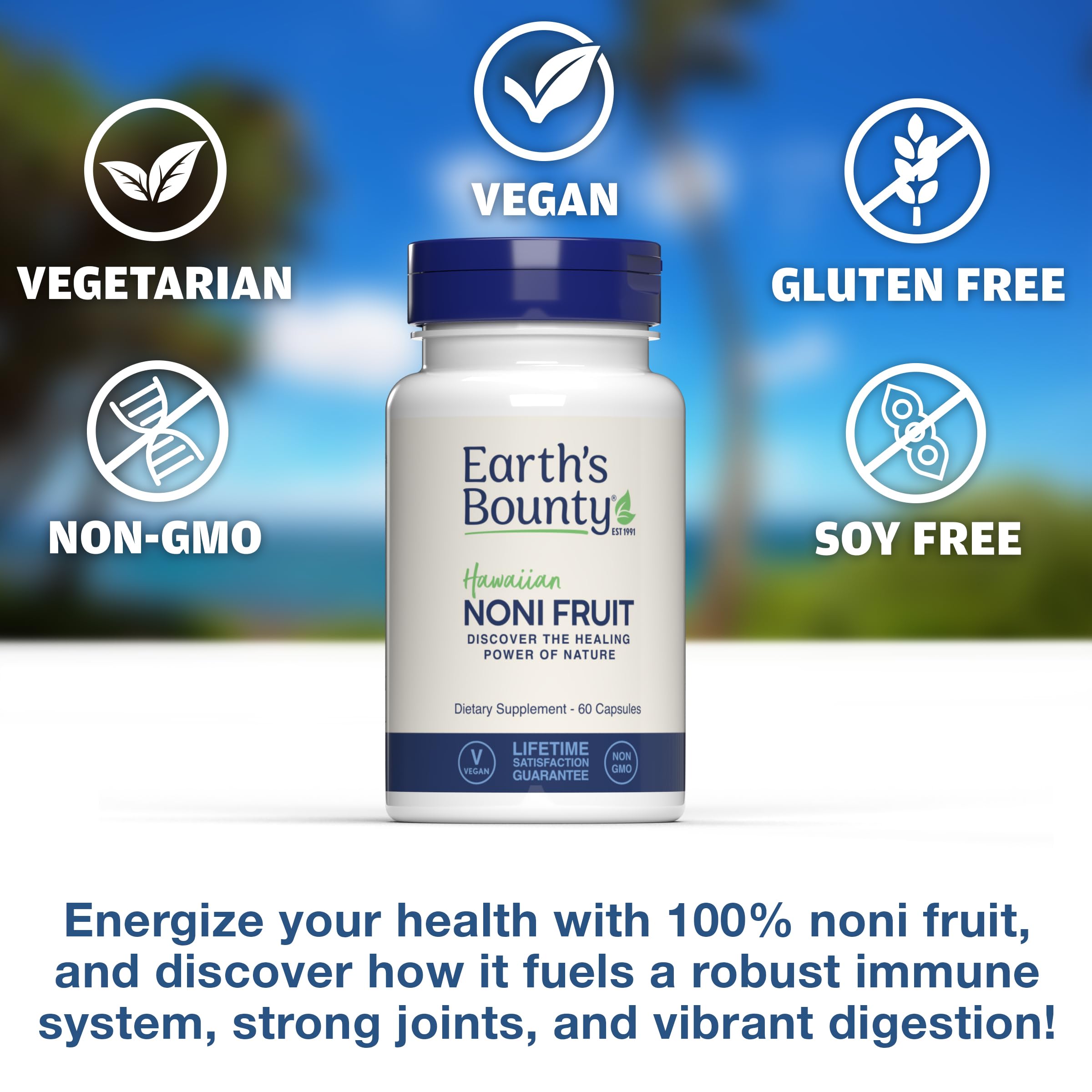 Earth's Bounty Noni Capsules, envase compacto, ideal para viajes.
