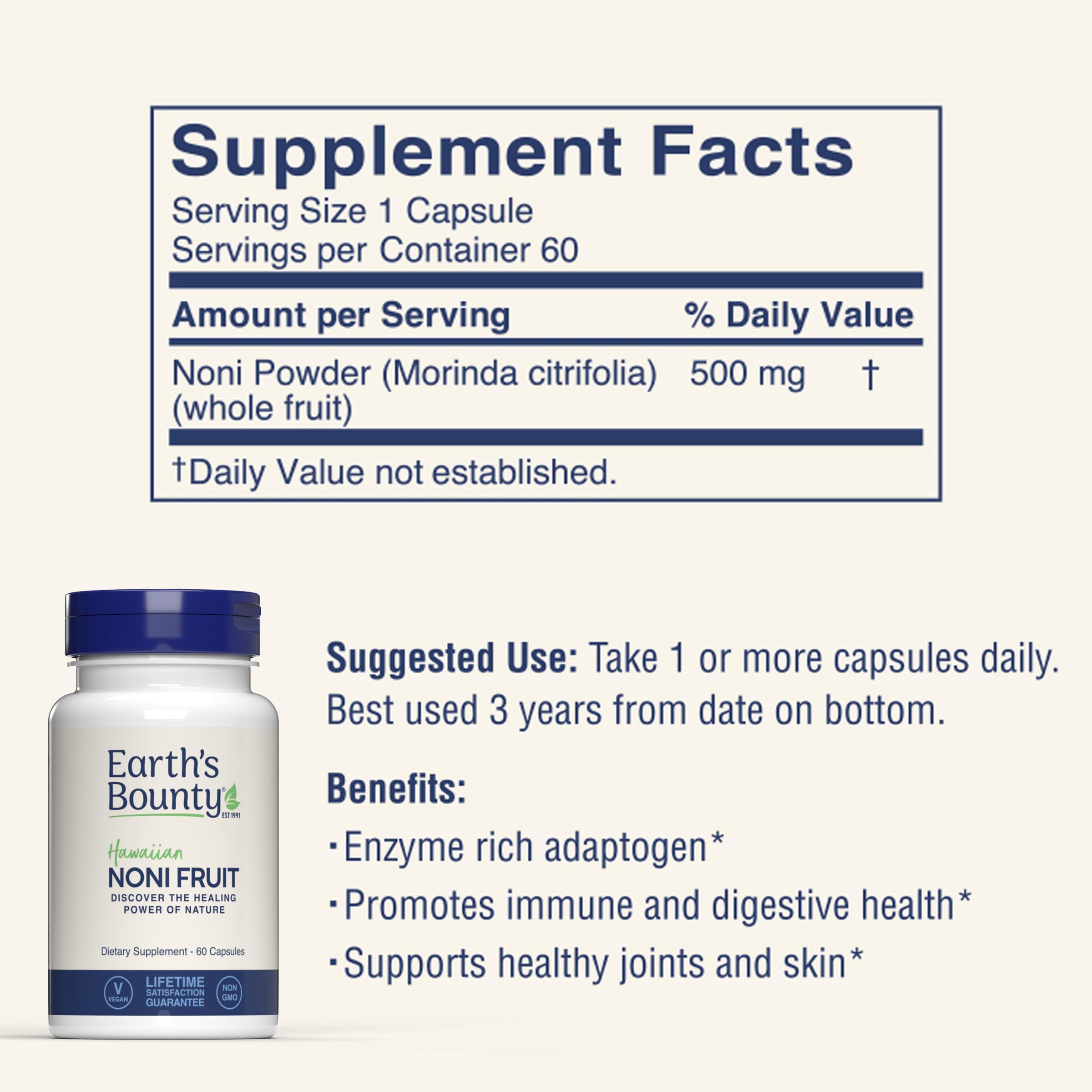 Earth's Bounty Noni Capsules, etiqueta clara, opción natural para energía sostenible.